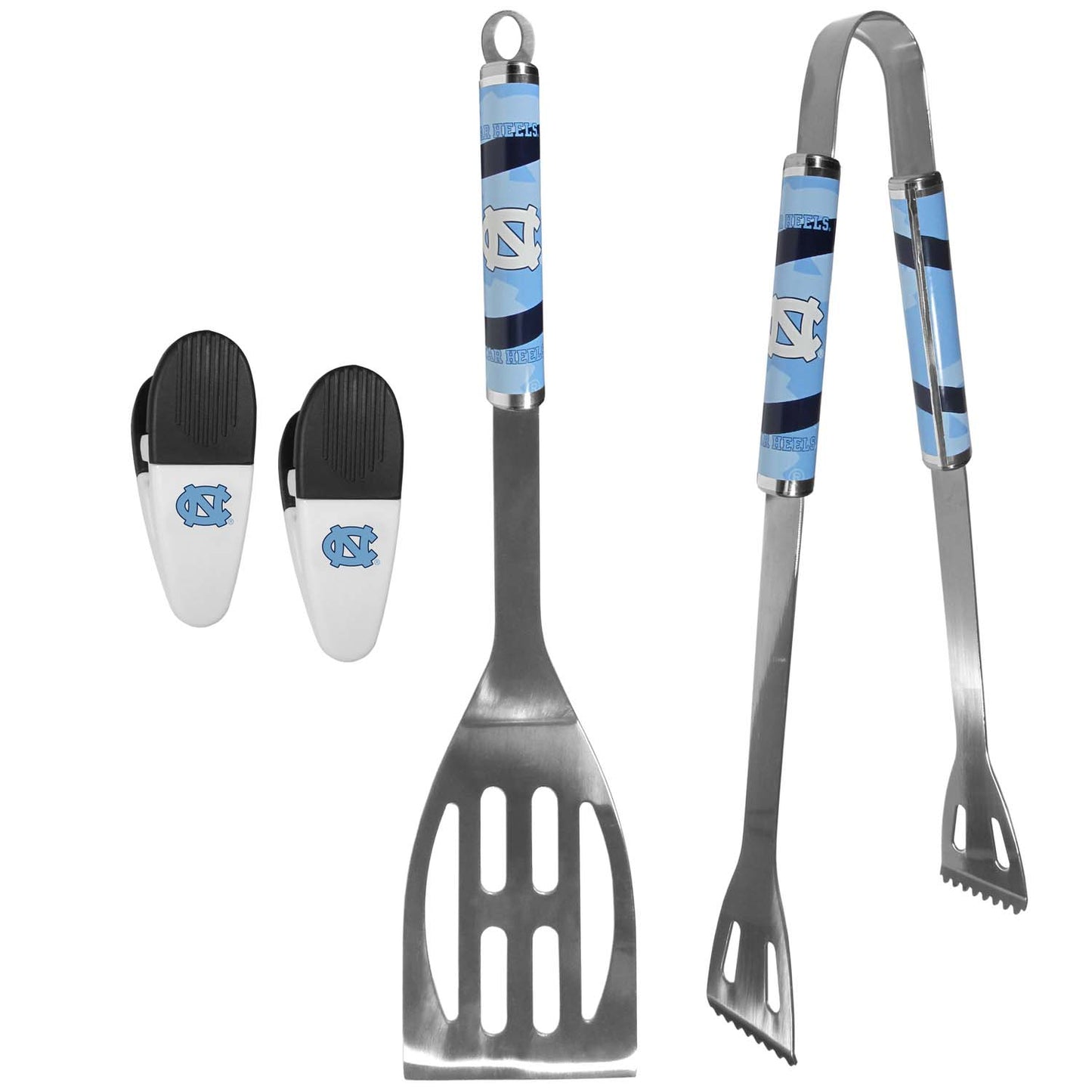 North Carolina Tar Heels Collegiate University Two Piece Grilling Tools Set with 2 Magnet Chip Clips - Chrome