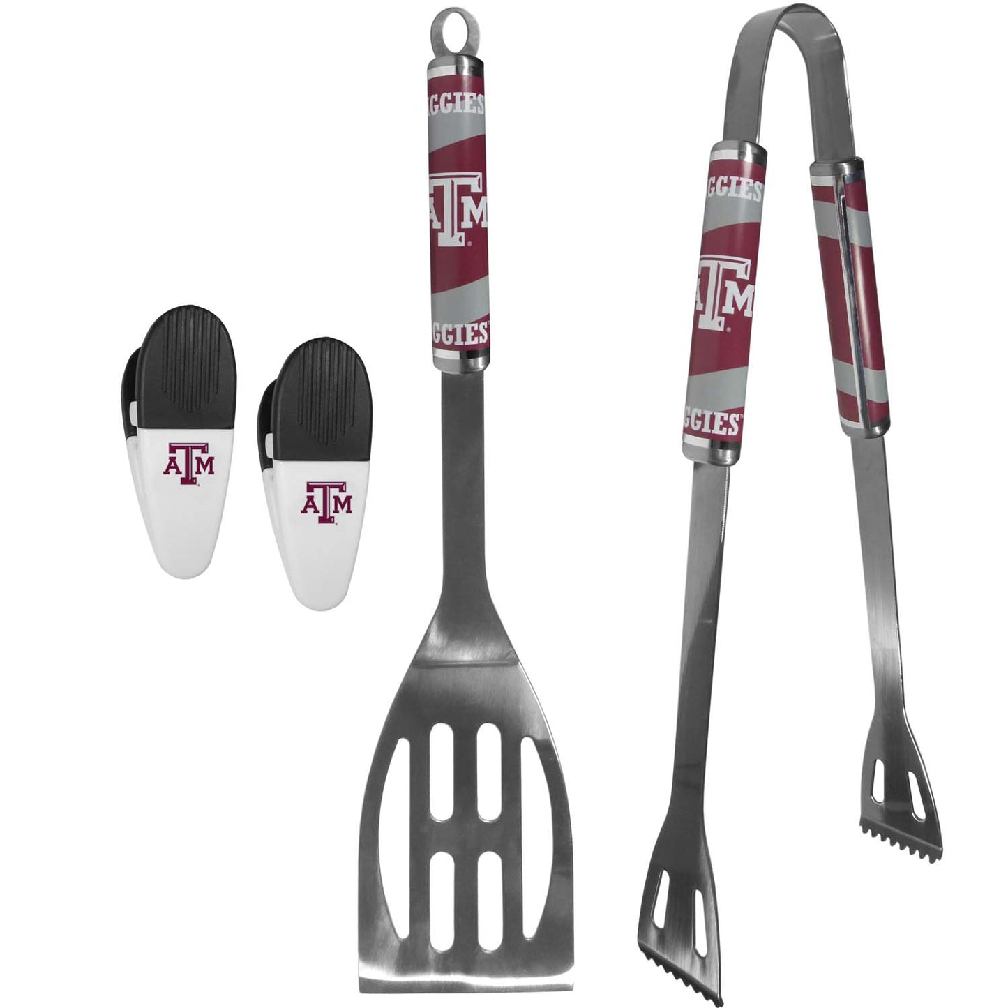 Texas A&M Aggies Collegiate University Two Piece Grilling Tools Set with 2 Magnet Chip Clips - Chrome