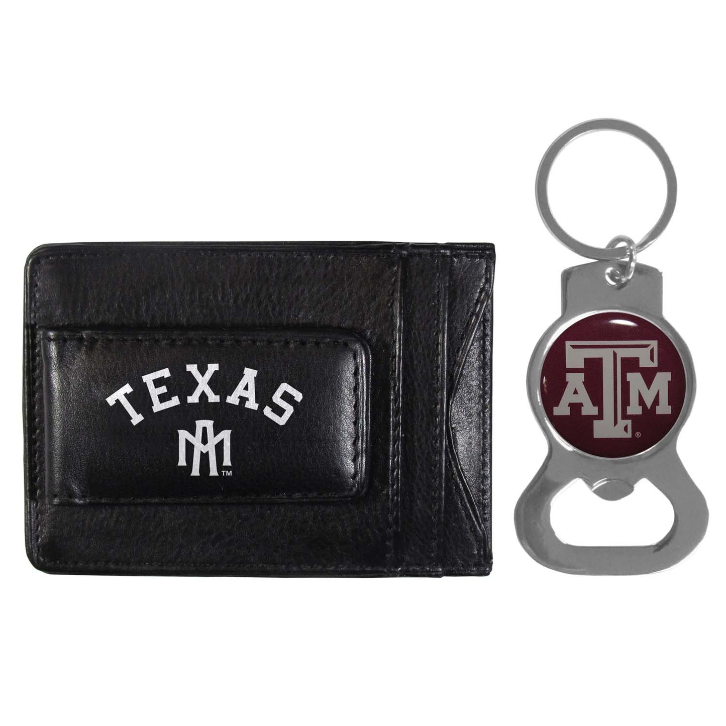 Texas A&M Aggies School Logo Leather Card/Cash Holder and Bottle Opener Keychain Bundle - Black