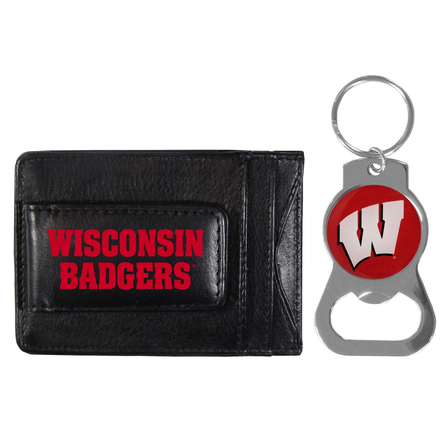 Wisconsin Badgers School Logo Leather Card/Cash Holder and Bottle Opener Keychain Bundle - Black