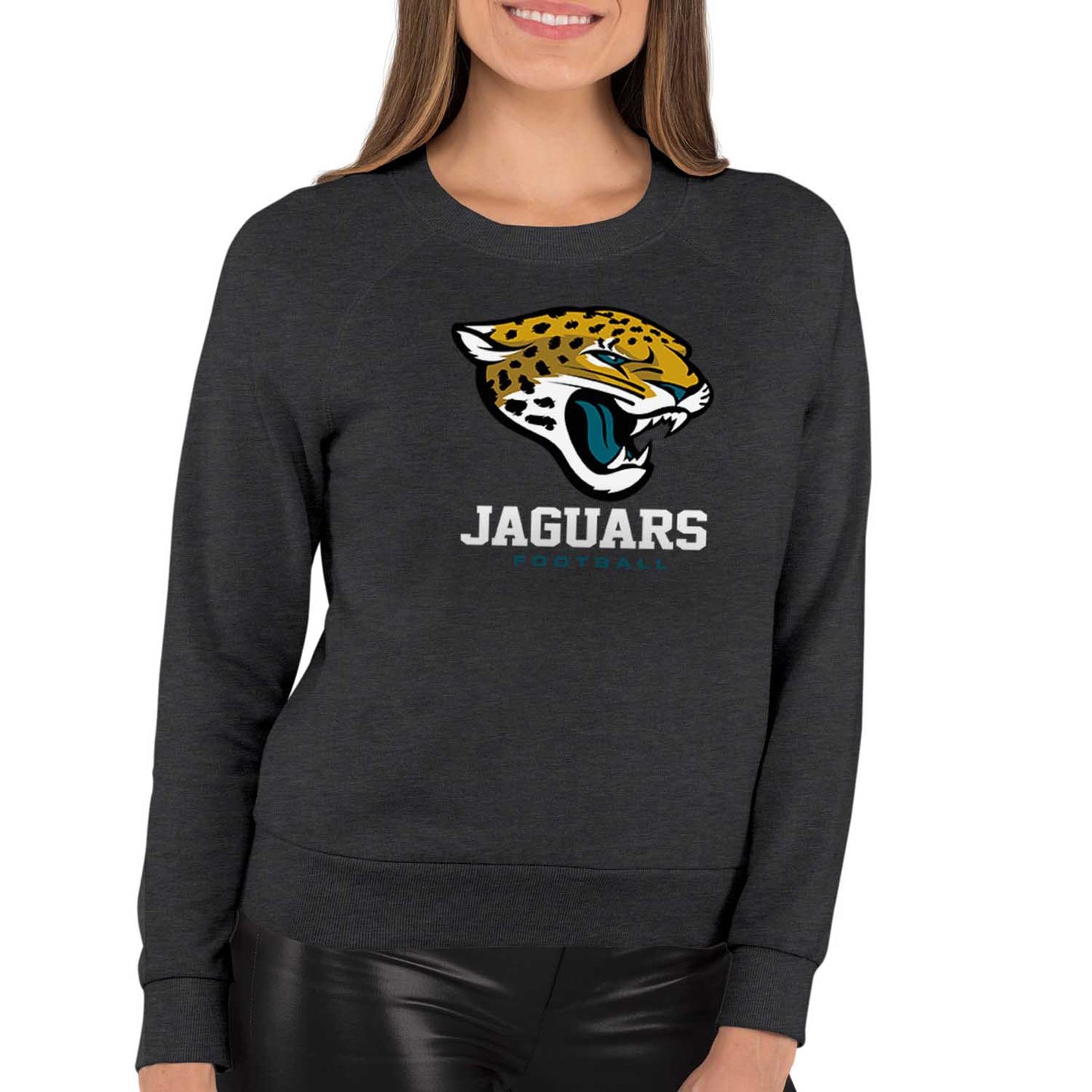 Jacksonville Jaguars Women's NFL Ultimate Fan Logo Slouchy Crewneck -Tagless Fleece Lightweight Pullover - Charcoal