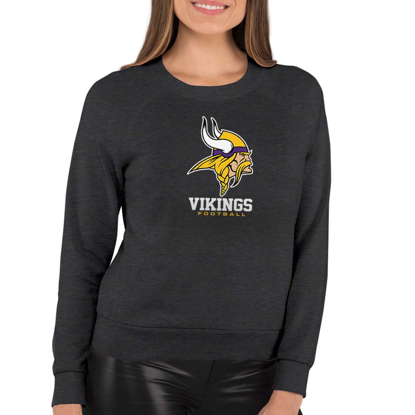 Minnesota Vikings Women's NFL Ultimate Fan Logo Slouchy Crewneck -Tagless Fleece Lightweight Pullover - Charcoal