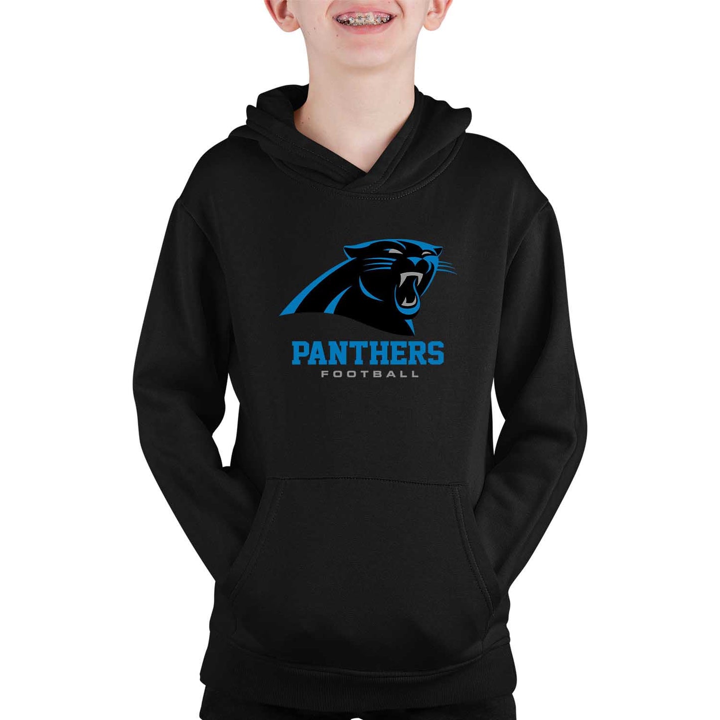 Carolina Panthers Youth NFL Ultimate Fan Logo Fleece Hooded Sweatshirt -Tagless Football Pullover For Kids - Black