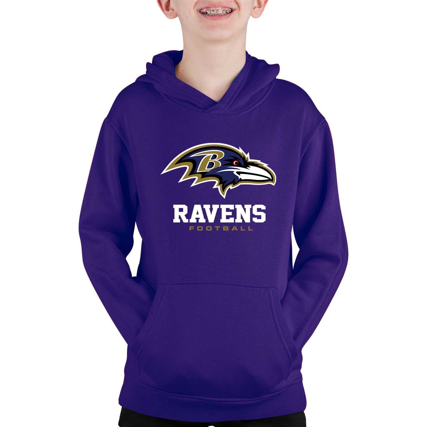 Baltimore Ravens Youth NFL Ultimate Fan Logo Fleece Hooded Sweatshirt -Tagless Football Pullover For Kids - Purple