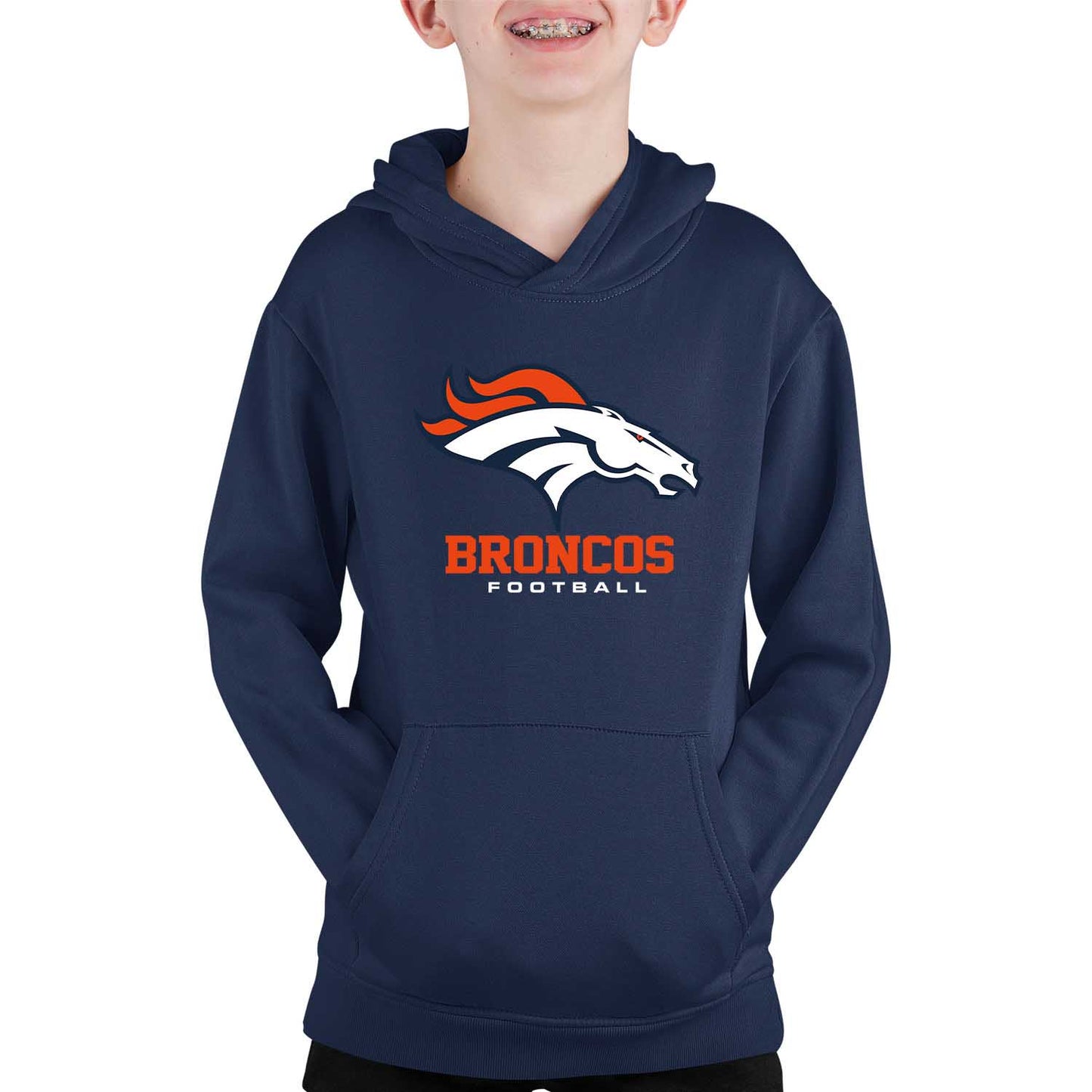 Denver Broncos Youth NFL Ultimate Fan Logo Fleece Hooded Sweatshirt -Tagless Football Pullover For Kids - Navy