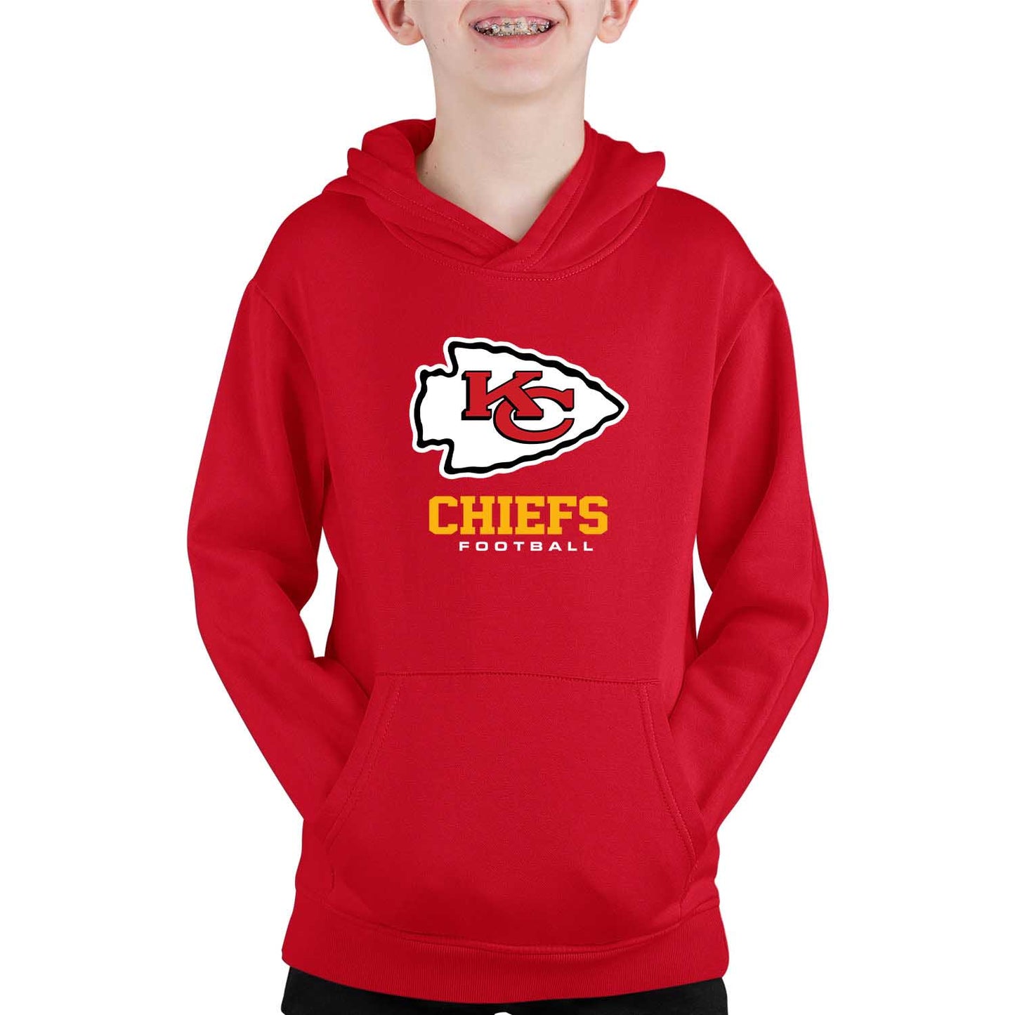 Kansas City Chiefs Youth NFL Ultimate Fan Logo Fleece Hooded Sweatshirt -Tagless Football Pullover For Kids - Red