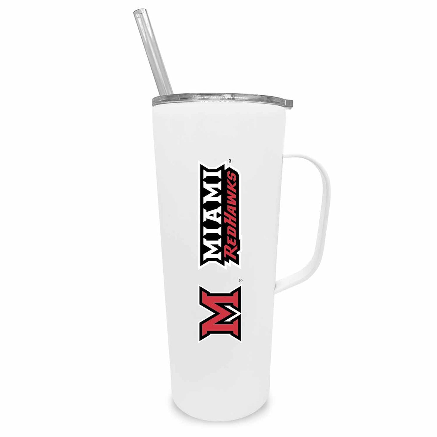 Miami Redhawks NCAA Stainless Steel 20oz Roadie With Handle & Dual Option Lid With Straw - White