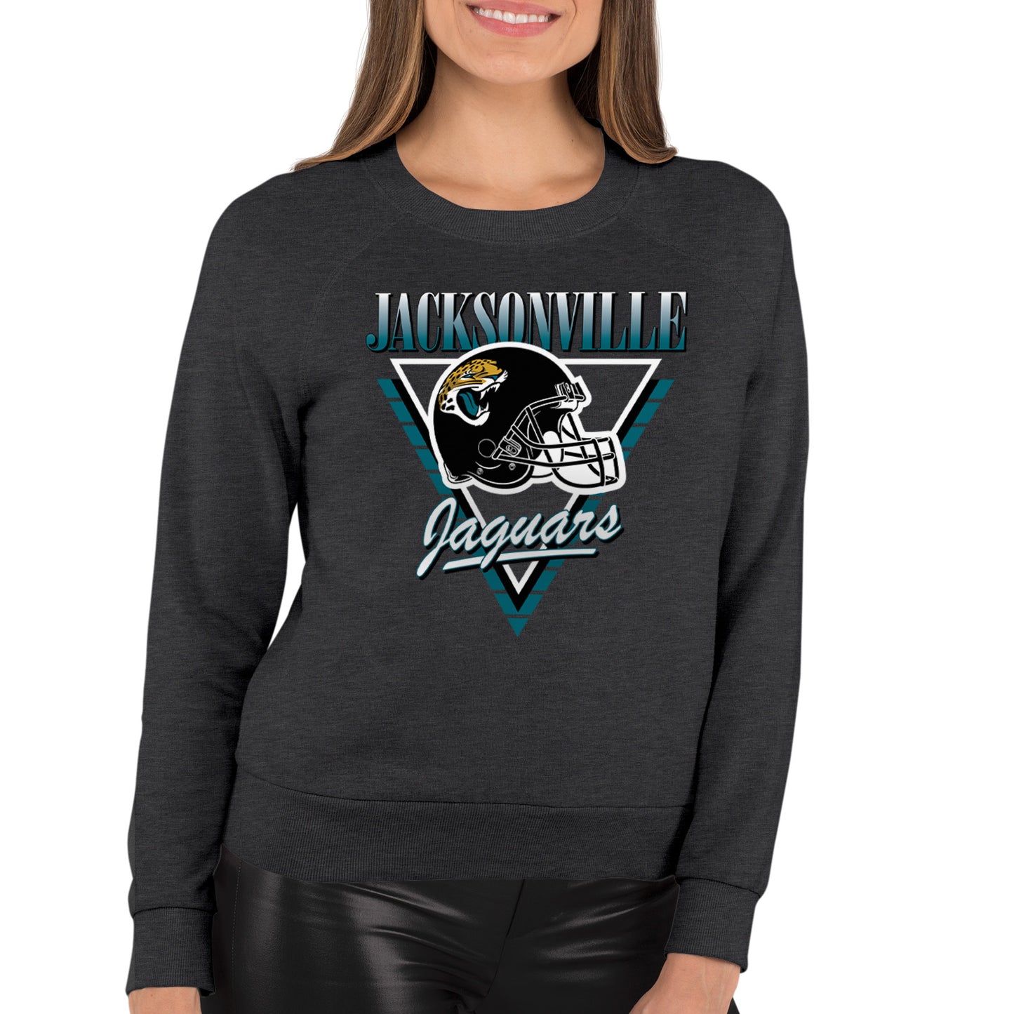 Jacksonville Jaguars NFL Womens Retro Triangle Slouchy Crewneck - Heather Charcoal
