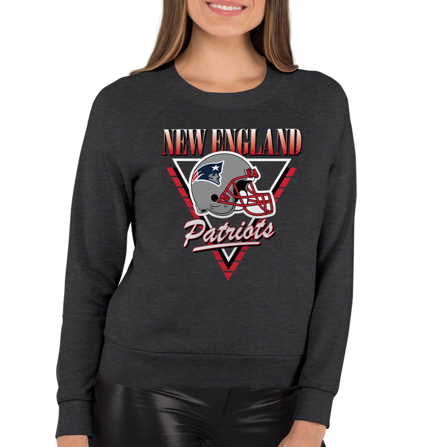 New England Patriots NFL Womens Retro Triangle Slouchy Crewneck - Heather Charcoal