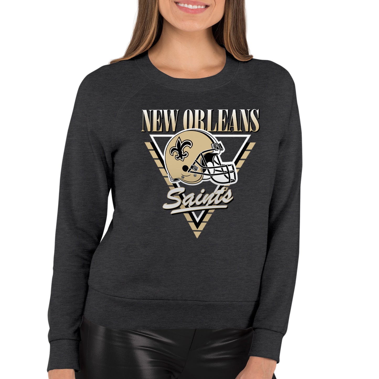 New Orleans Saints NFL Womens Retro Triangle Slouchy Crewneck - Heather Charcoal