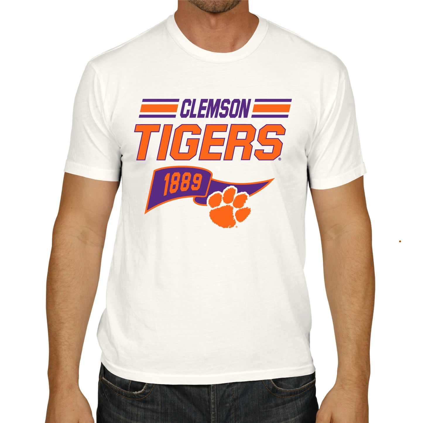 Clemson Tigers NCAA Adult Unisex Varsity Club Pennant T-Shirt Tag-Less - Off White