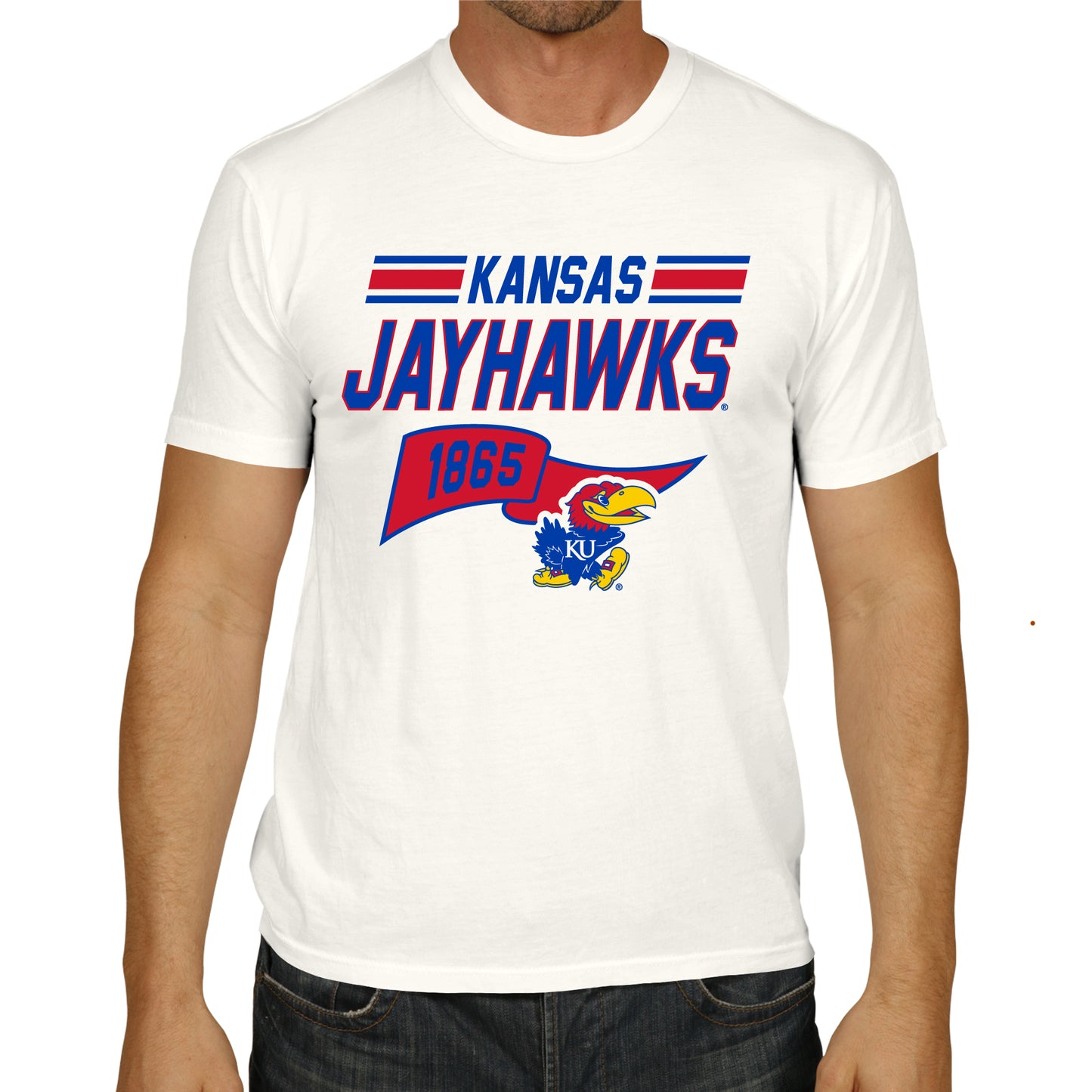 Kansas Jayhawks NCAA Adult Unisex Varsity Club Pennant T-Shirt Tag-Less - Off White