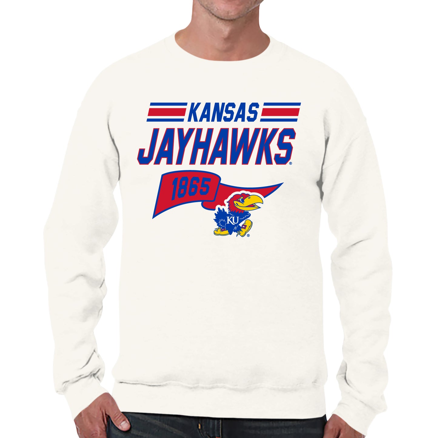 Kansas Jayhawks NCAA Adult Unisex Varsity Club Pennant Crewneck Fleece Sweatshirt - Off White