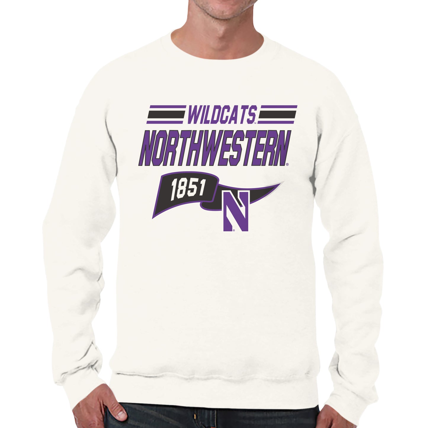 Northwestern Wildcats NCAA Adult Unisex Varsity Club Pennant Crewneck Fleece Sweatshirt - Off White