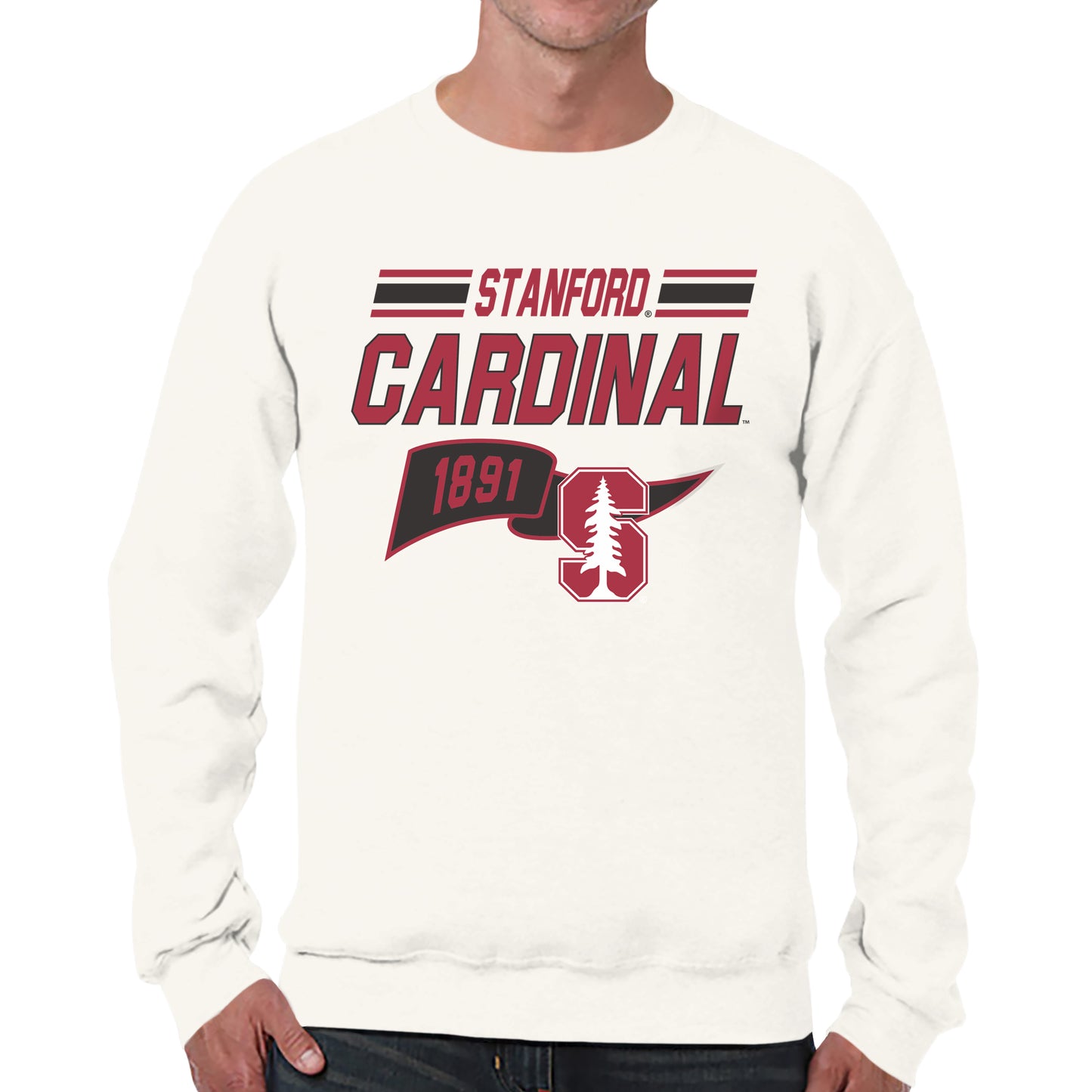 Stanford Cardinal NCAA Adult Unisex Varsity Club Pennant Crewneck Fleece Sweatshirt - Off White