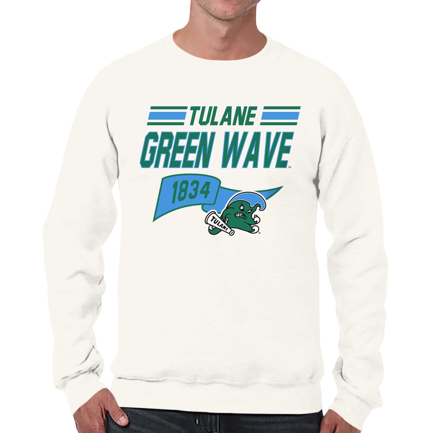 Tulane Green Wave NCAA Adult Unisex Varsity Club Pennant Crewneck Fleece Sweatshirt - Off White