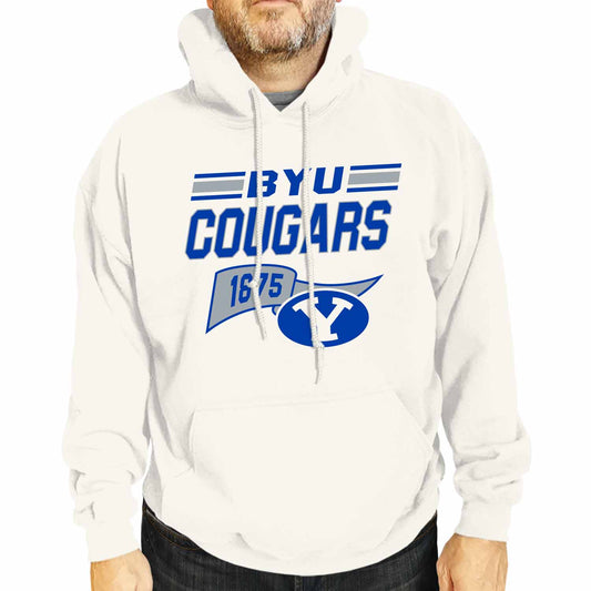 BYU Cougars NCAA Adult Unisex Varsity Club Pennant Hooded Fleece Sweatshirt - Off White