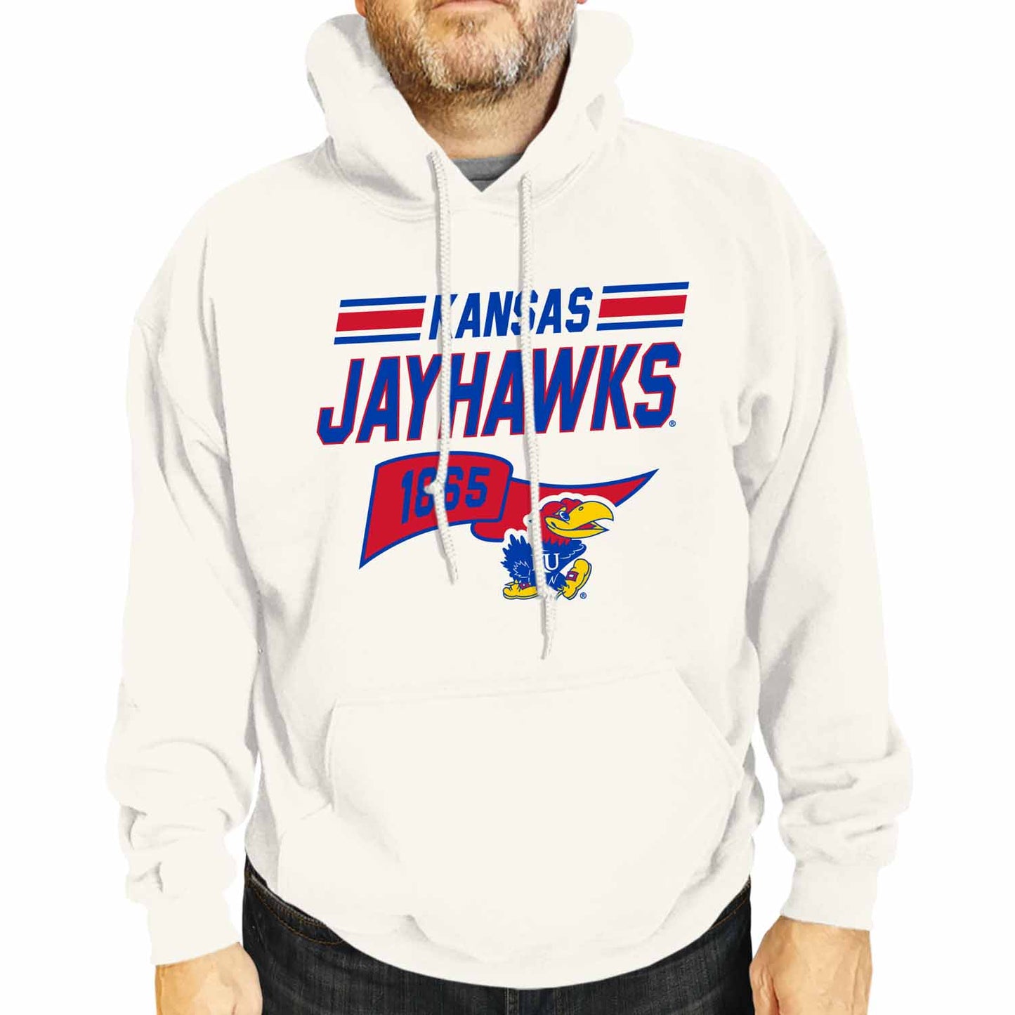 Kansas Jayhawks NCAA Adult Unisex Varsity Club Pennant Hooded Fleece Sweatshirt - Off White