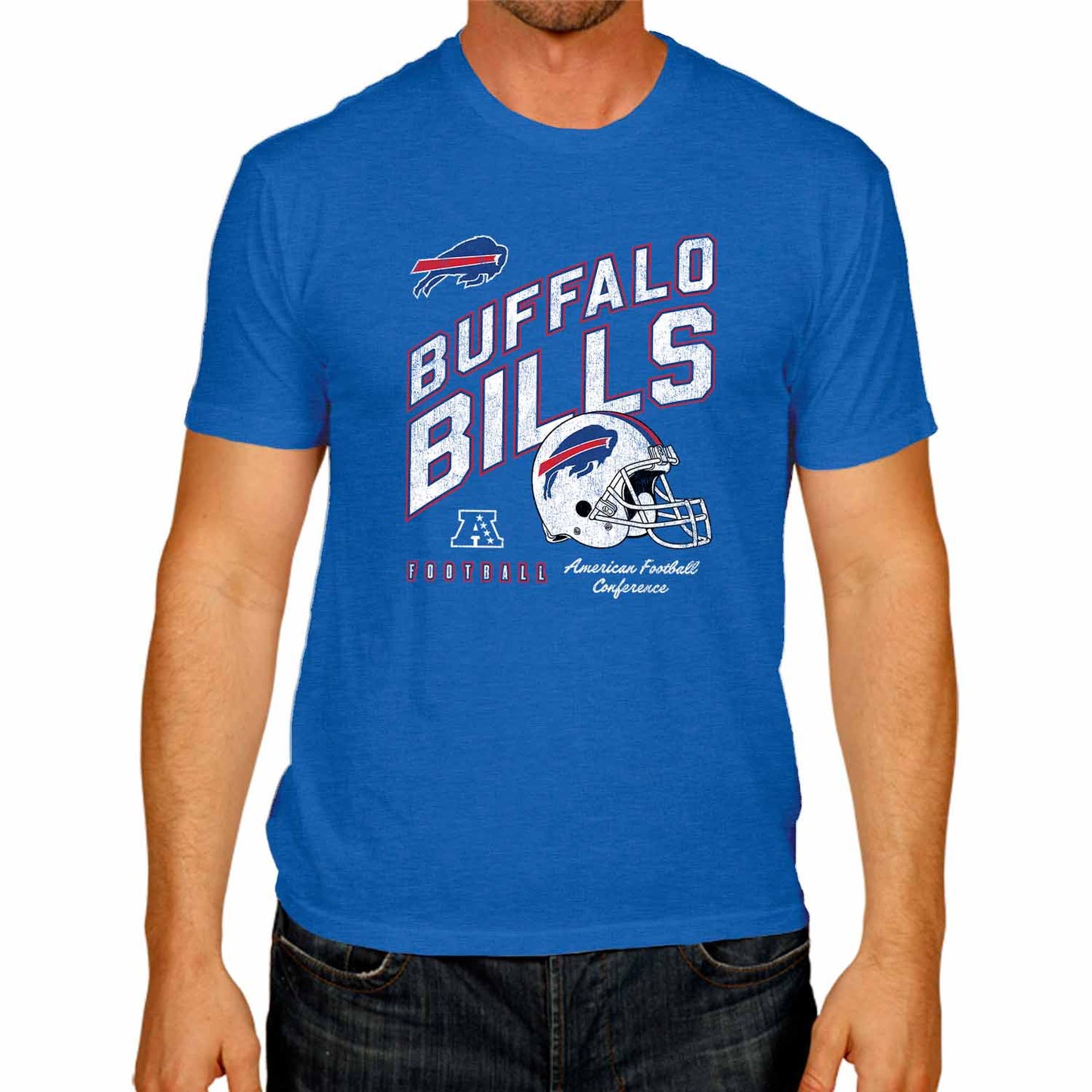 Buffalo Bills NFL Adult Distressed Helmet Tag-Less T-Shirt - Royal Heather