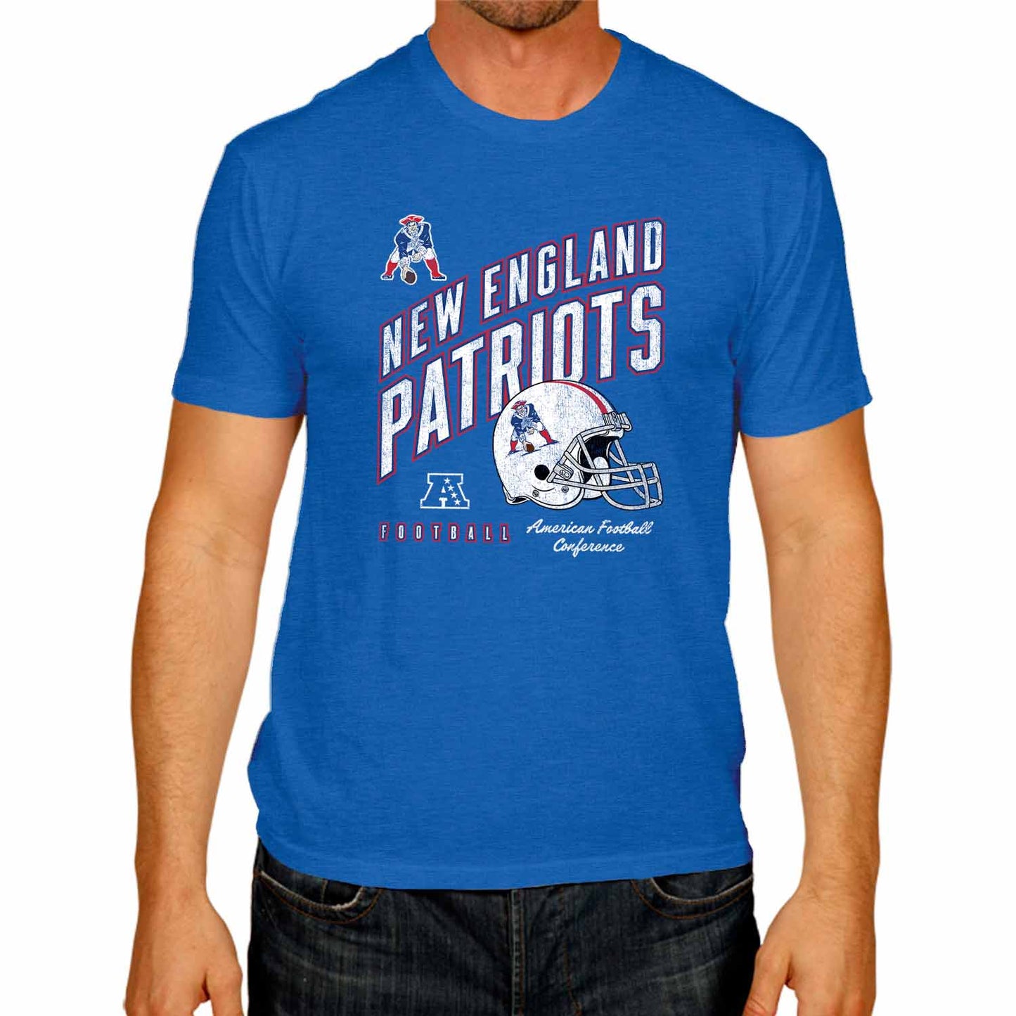 New England Patriots NFL Adult Distressed Helmet Tag-Less T-Shirt - Royal Heather