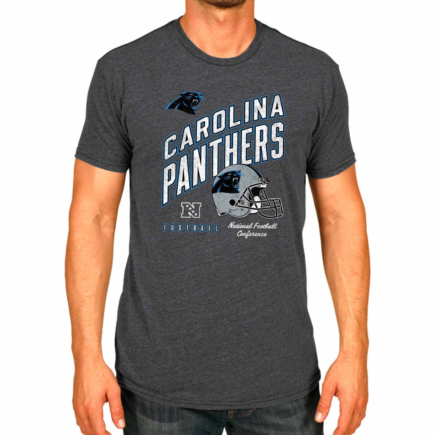 Carolina Panthers NFL Adult Distressed Helmet Tag-Less T-Shirt - Heather Charcoal