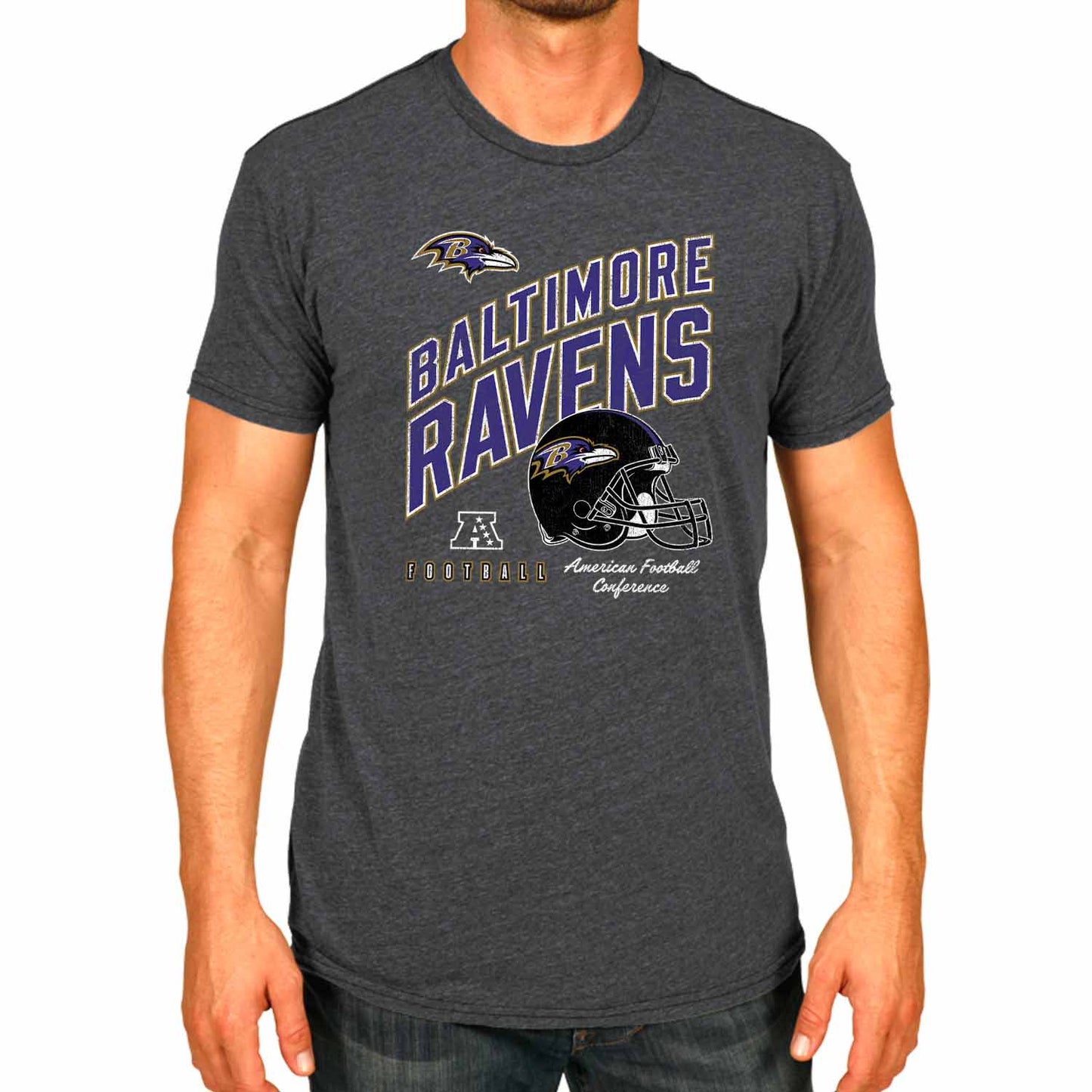 Baltimore Ravens NFL Adult Distressed Helmet Tag-Less T-Shirt - Heather Charcoal