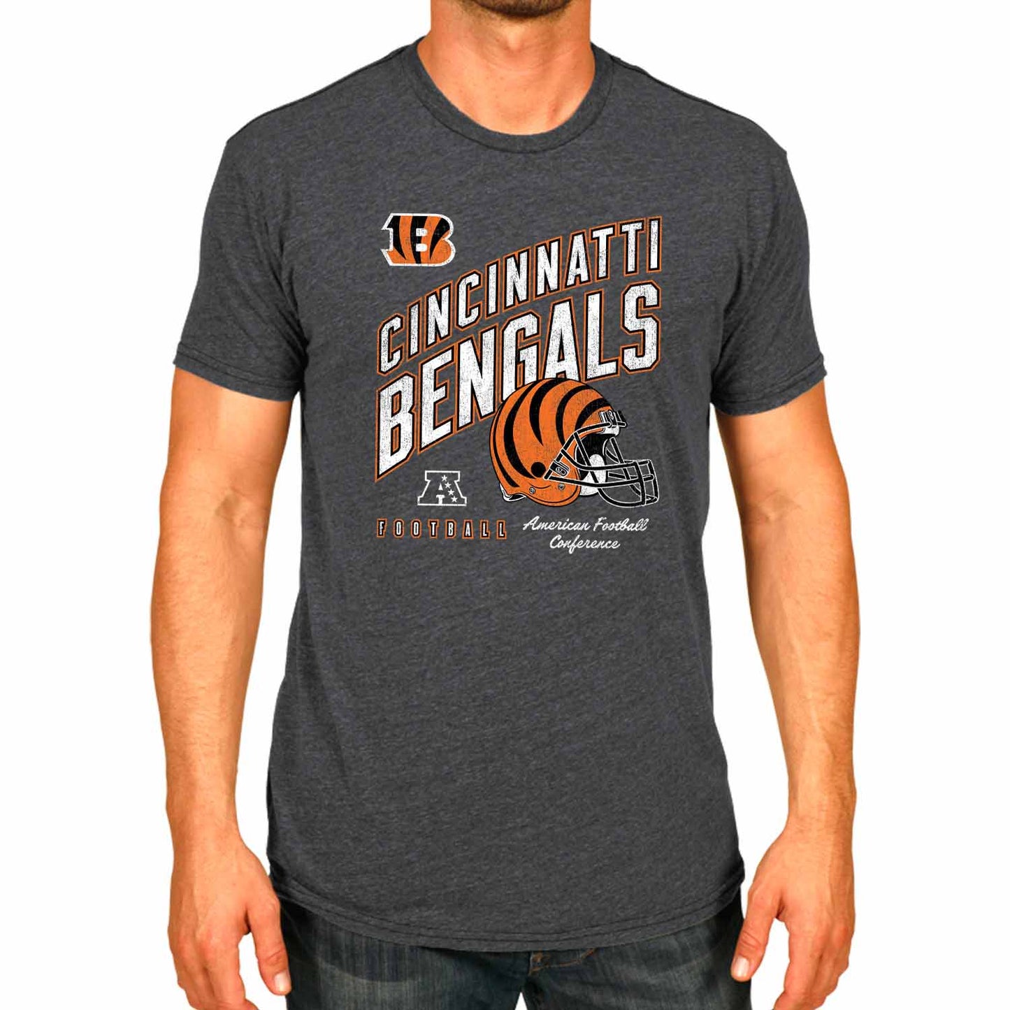 Cincinnati Bengals NFL Adult Distressed Helmet Tag-Less T-Shirt - Heather Charcoal