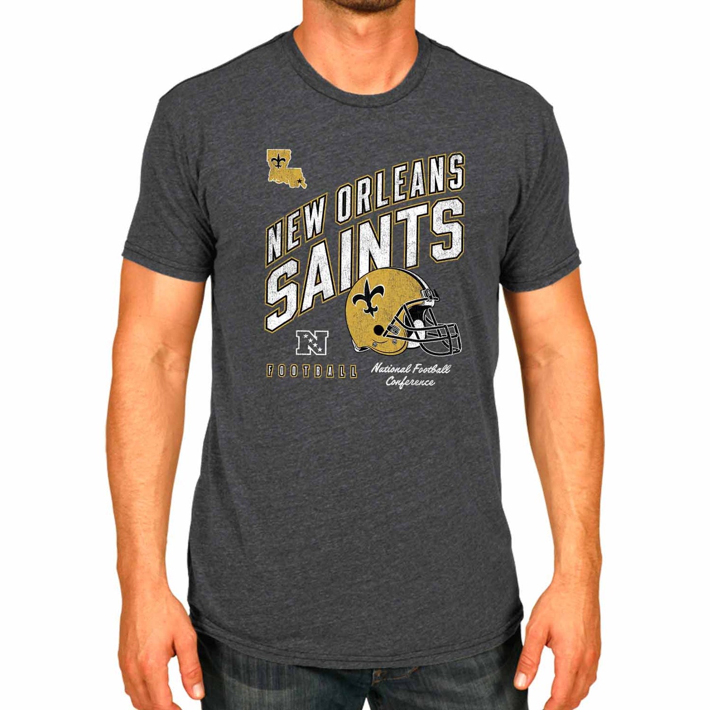 New Orleans Saints NFL Adult Distressed Helmet Tag-Less T-Shirt - Heather Charcoal