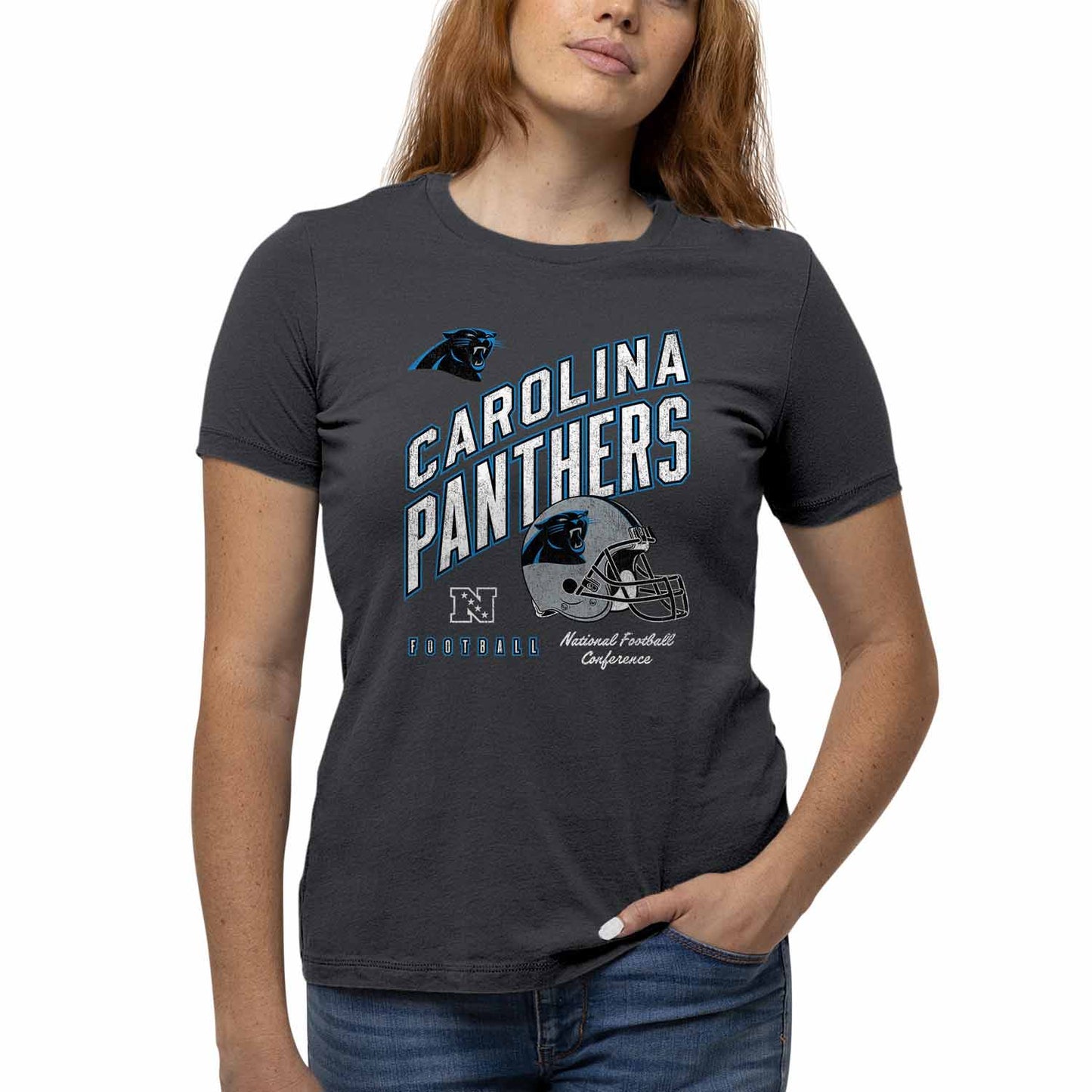 Carolina Panthers NFL Womens Distressed Helmet Tag-Less Soft T-Shirt - Heather Charcoal