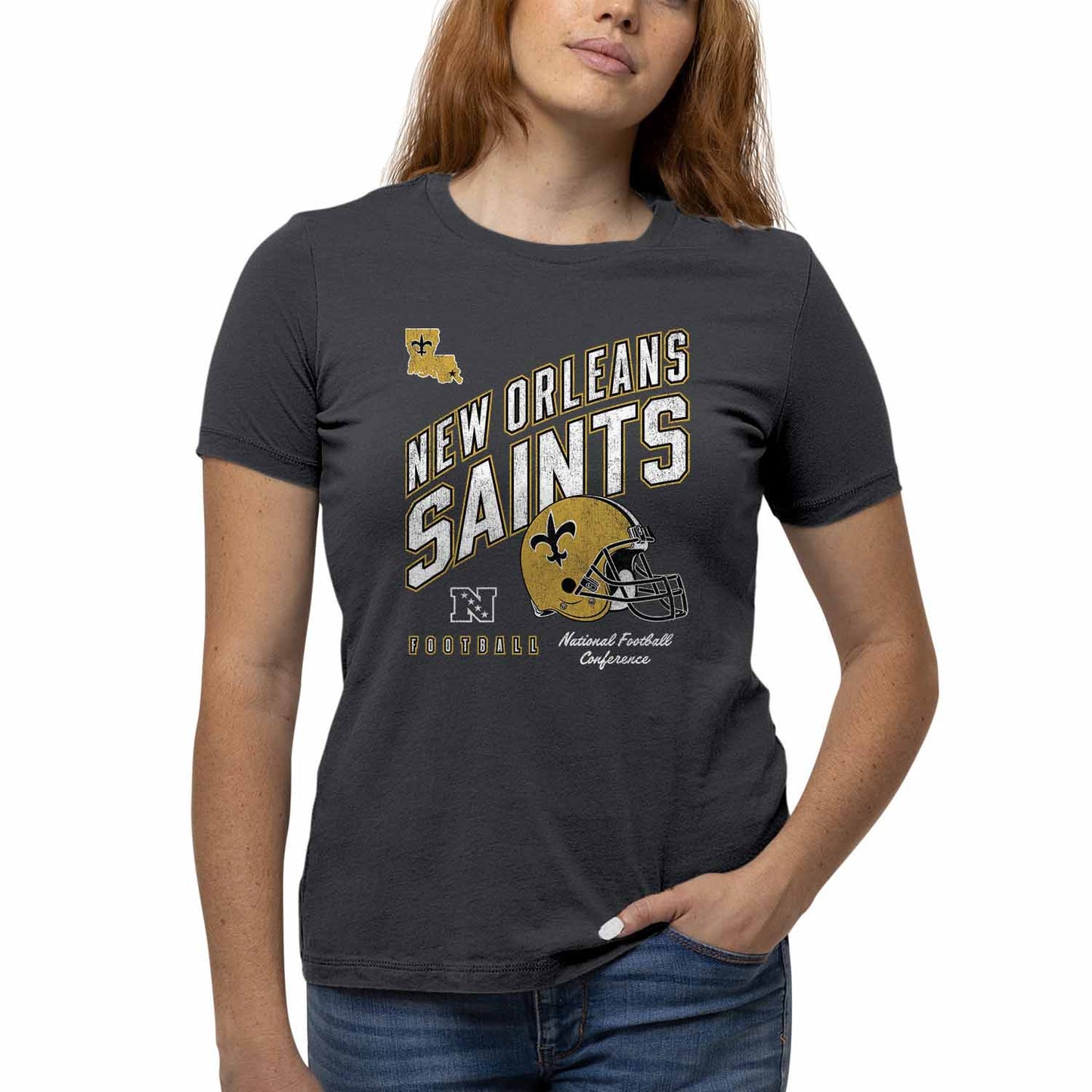 New Orleans Saints NFL Womens Distressed Helmet Tag-Less Soft T-Shirt - Heather Charcoal