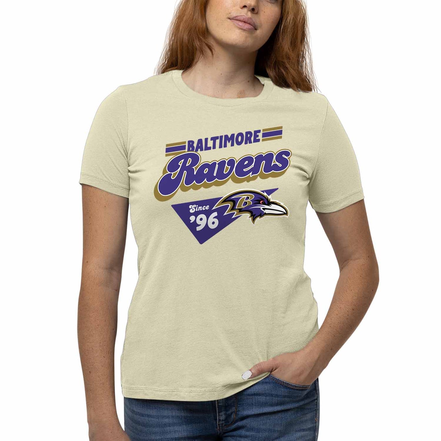 Baltimore Ravens NFL Womens Vintage Charm Tag-Less Soft T-Shirt - Birch
