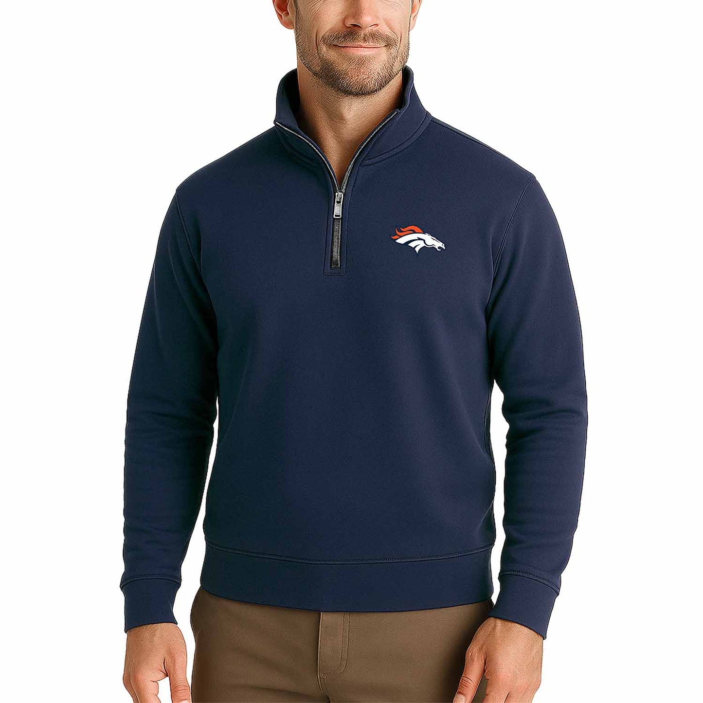 Denver Broncos NFL Adult Unisex Team Logo Quarter Zip Pullover Sweatshirt - Navy