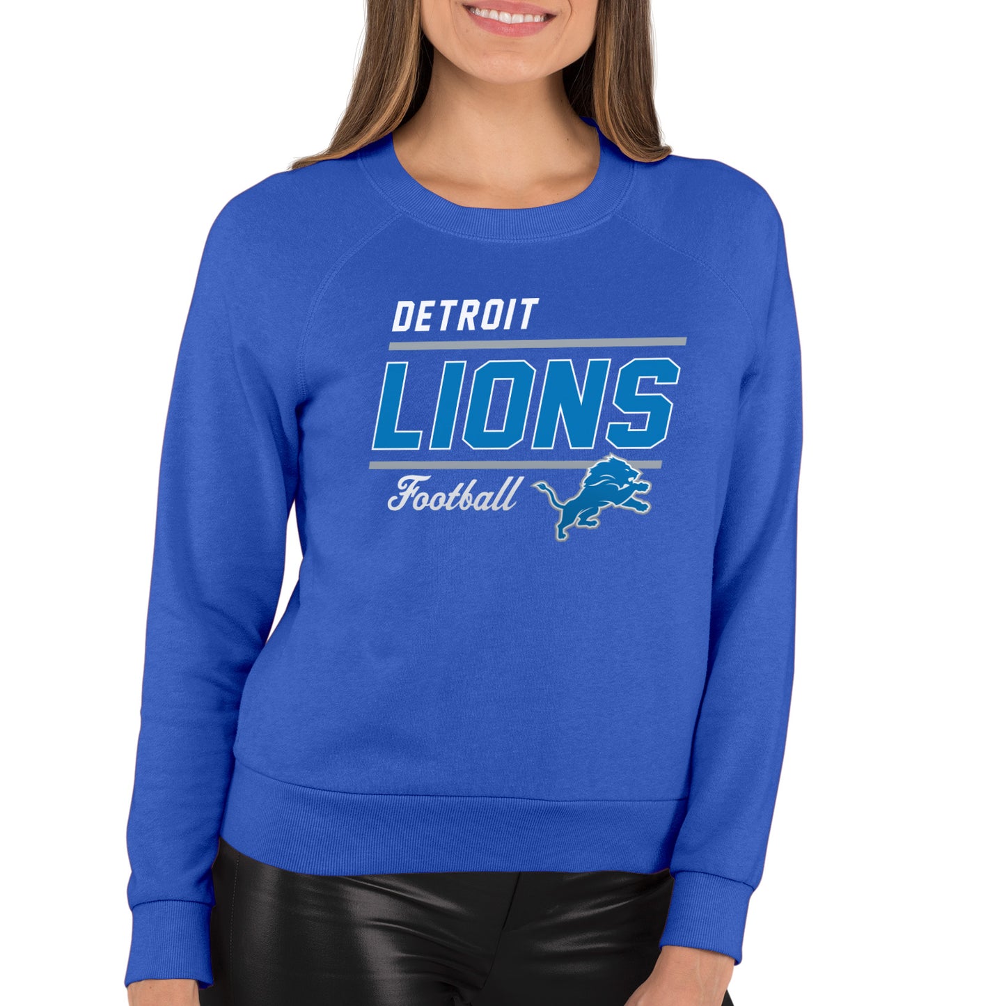 Detroit Lions NFL Womens Gameday French Terry Slouchy Top- Raglan Sleeves - Royal Heather