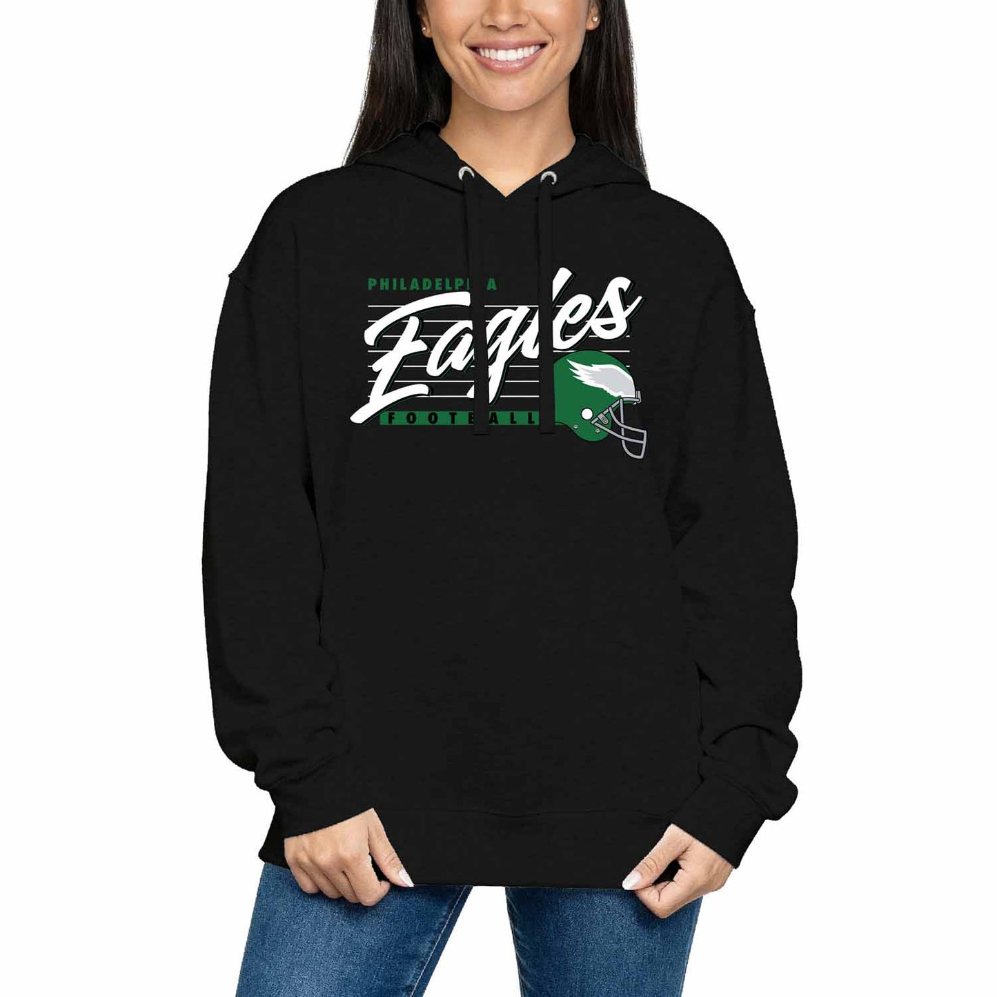 Philadelphia Eagles Ladies NFL Scrimmage Line Fleece Pullover Hooded Sweatshirt - Black