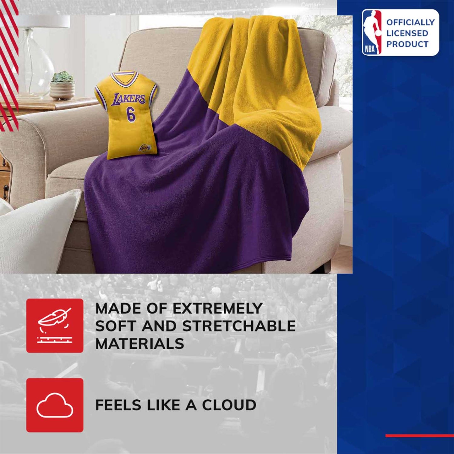 Los Angeles Lakers NBA Travel Lebron James Jersey Cloud Pillow Bedding Accessories - Gold