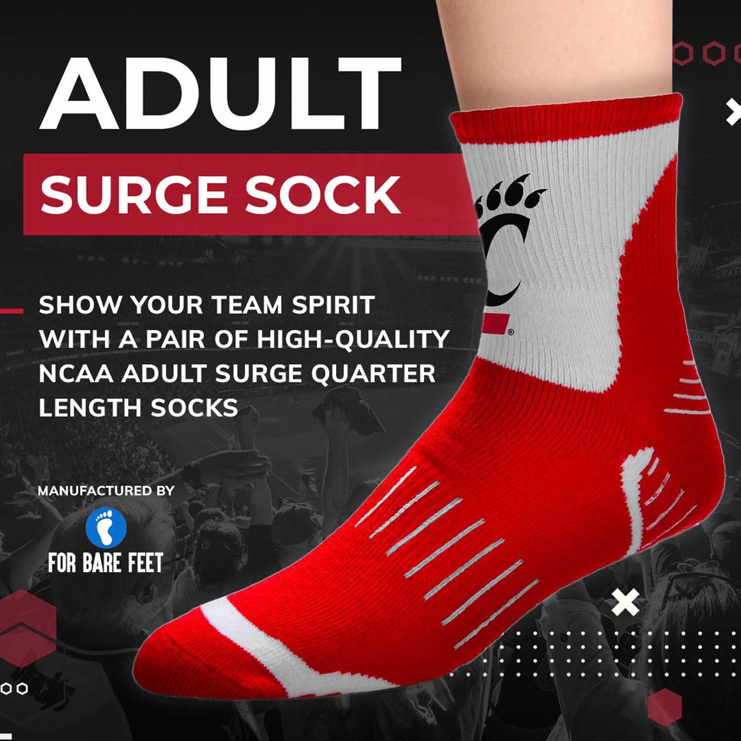Cincinnati  Bearcats Adult NCAA Surge Quarter Length Crew Socks - Red