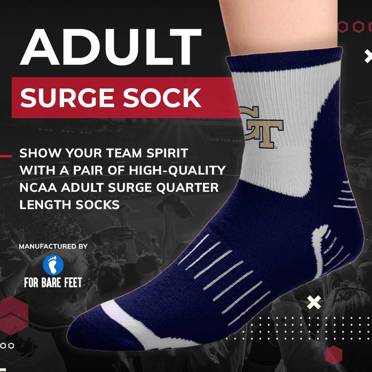 Georgia Tech Yellowjackets Adult NCAA Surge Quarter Length Crew Socks - Navy