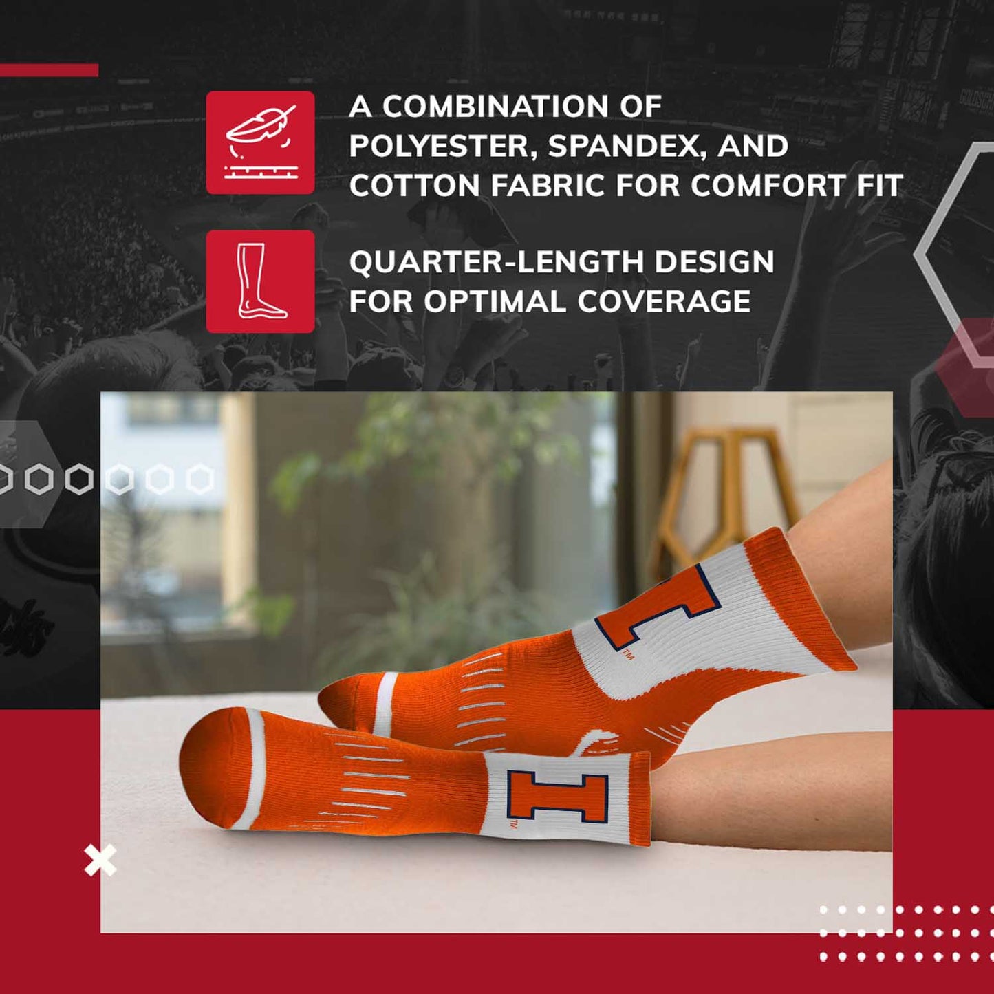Illinois Fighting Illini Adult NCAA Surge Quarter Length Crew Socks - Orange