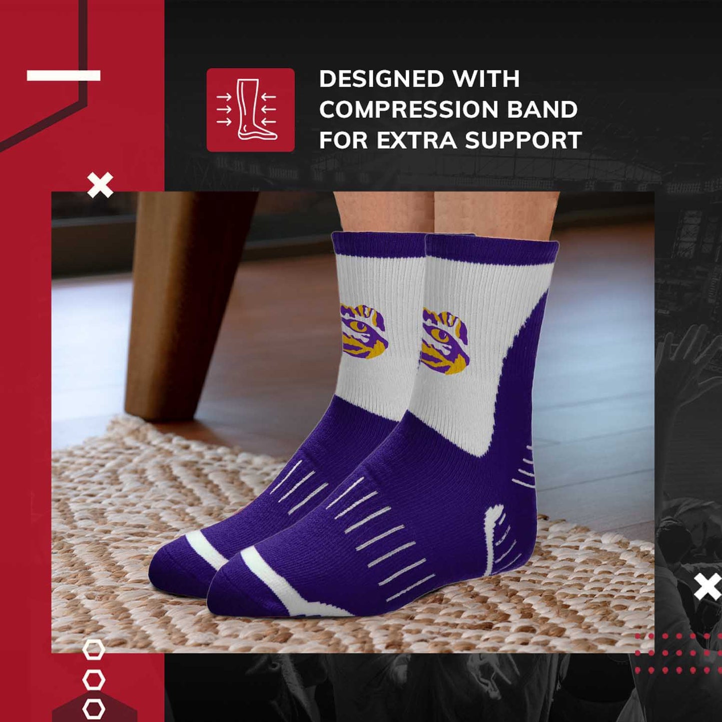 LSU Tigers Adult NCAA Surge Quarter Length Crew Socks - Purple