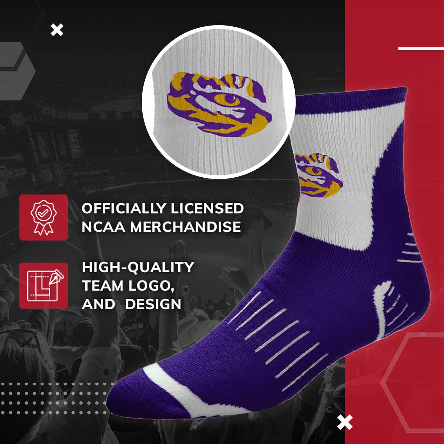 LSU Tigers Adult NCAA Surge Quarter Length Crew Socks - Purple