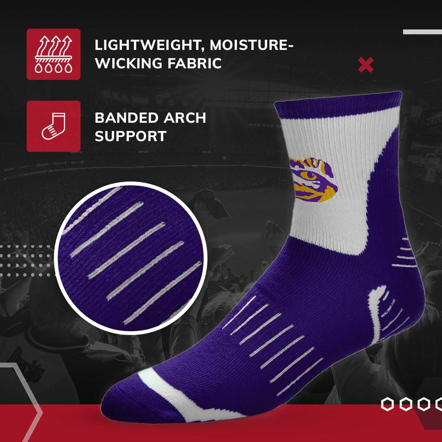 LSU Tigers Adult NCAA Surge Quarter Length Crew Socks - Purple