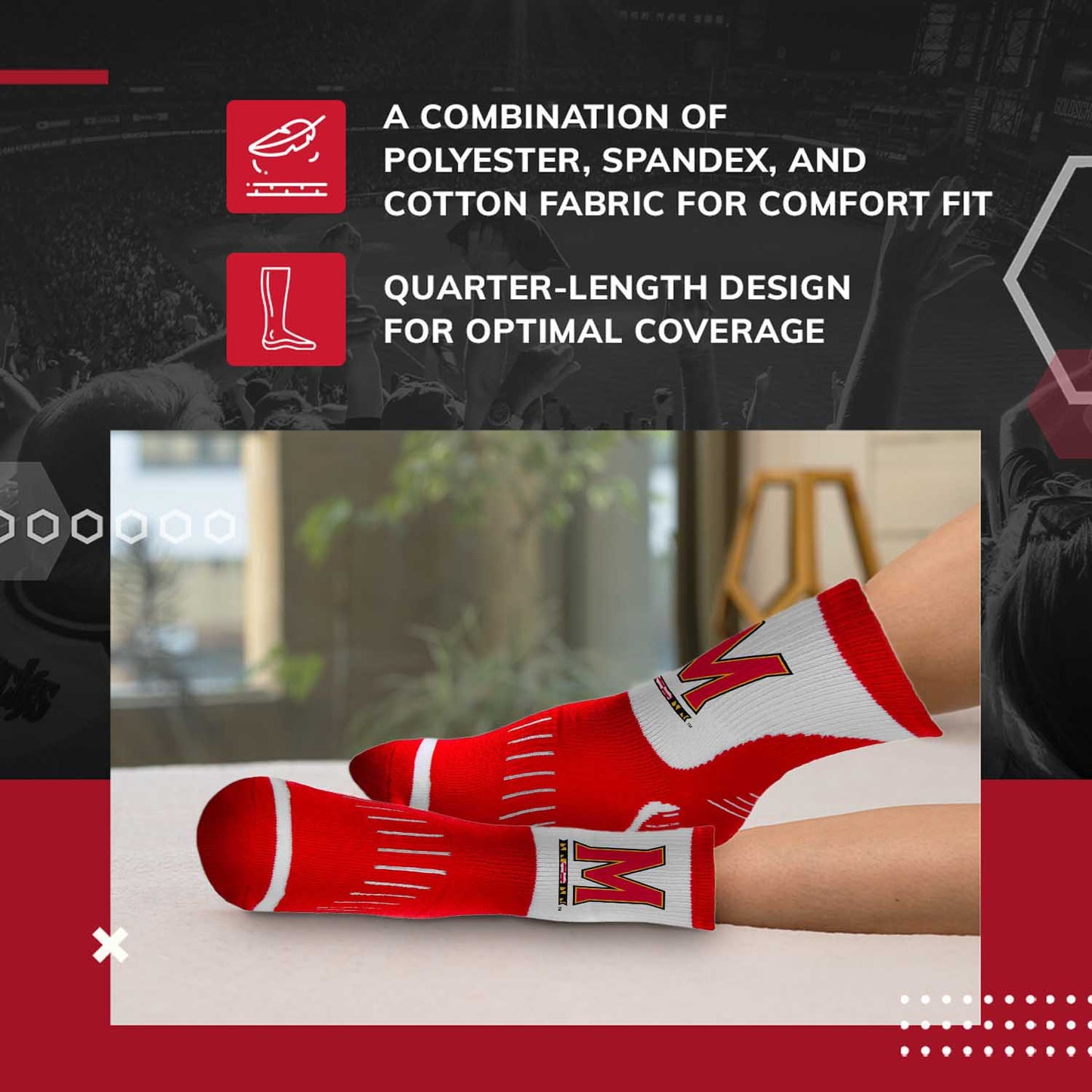 Maryland Terrapins Adult NCAA Surge Quarter Length Crew Socks - Red