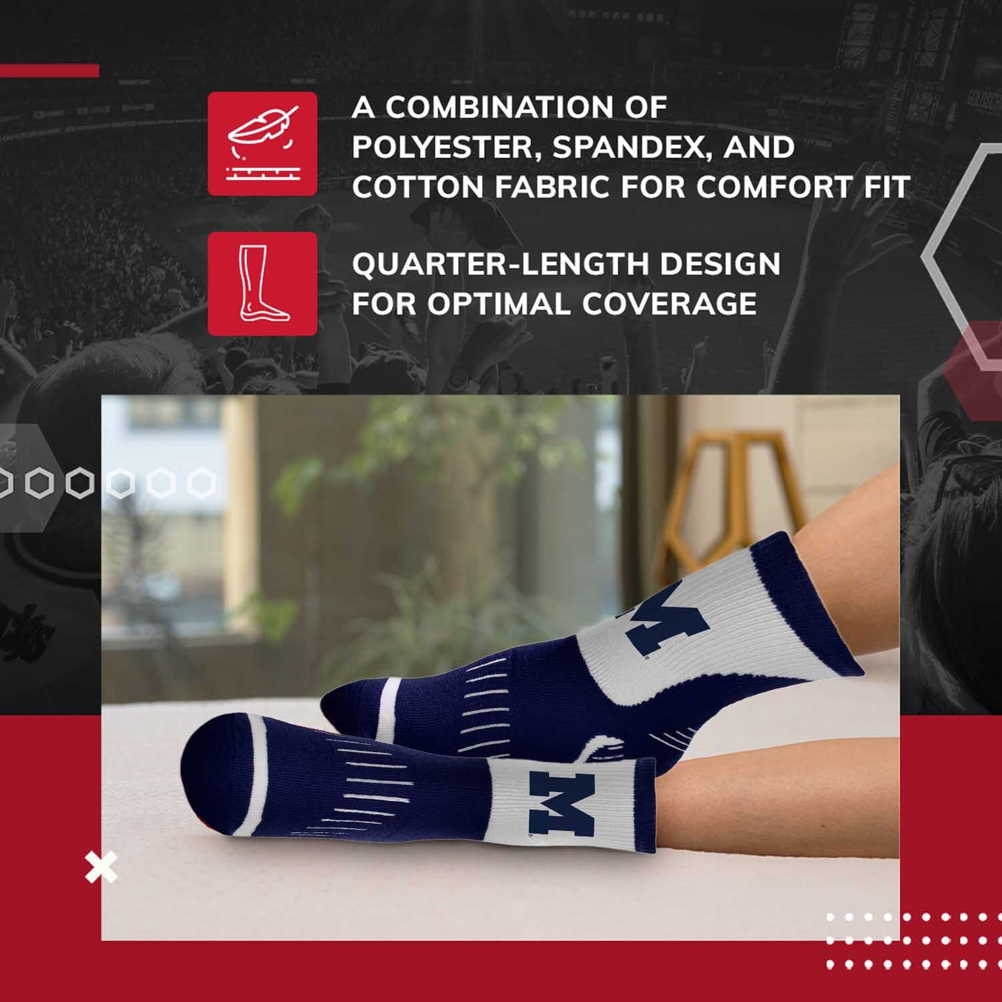 Michigan Wolverines Adult NCAA Surge Quarter Length Crew Socks - Navy