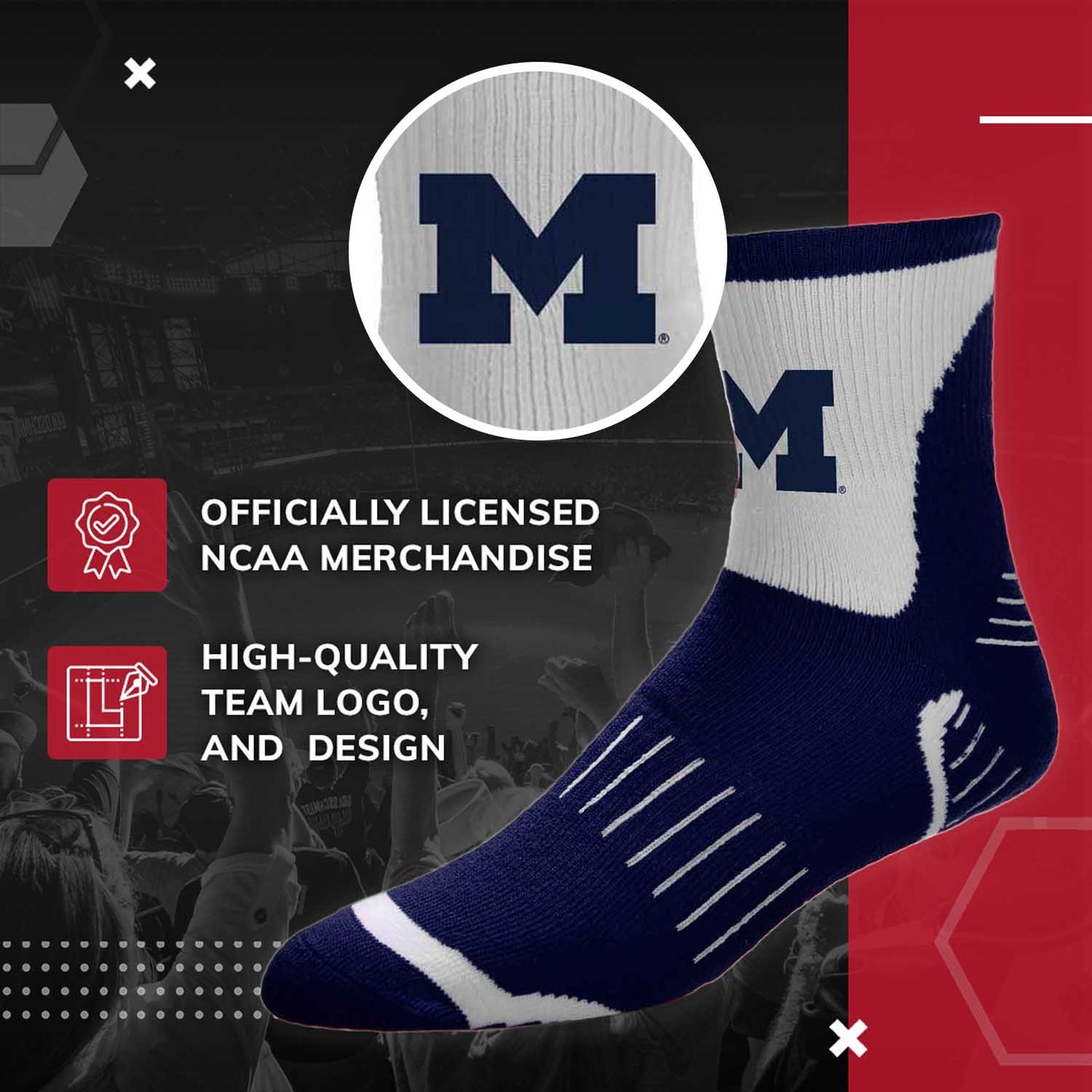 Michigan Wolverines Adult NCAA Surge Quarter Length Crew Socks - Navy