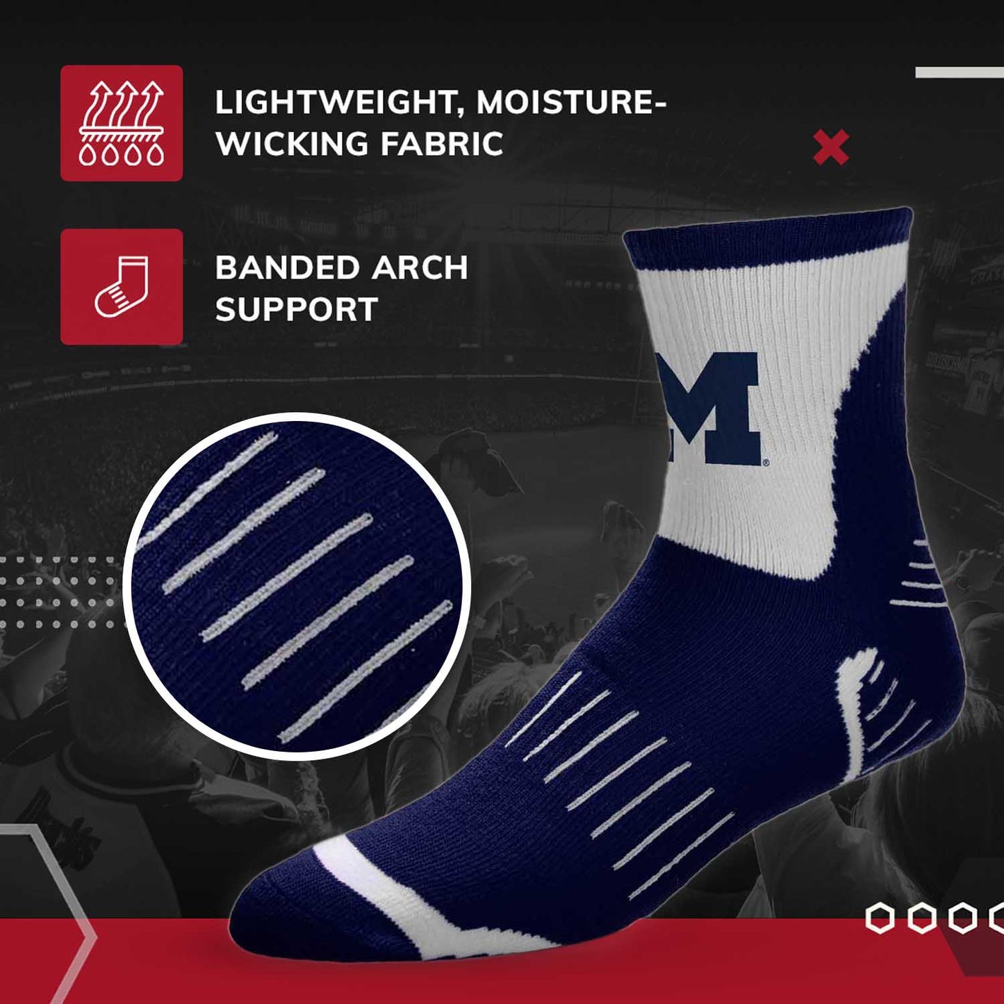 Michigan Wolverines Adult NCAA Surge Quarter Length Crew Socks - Navy