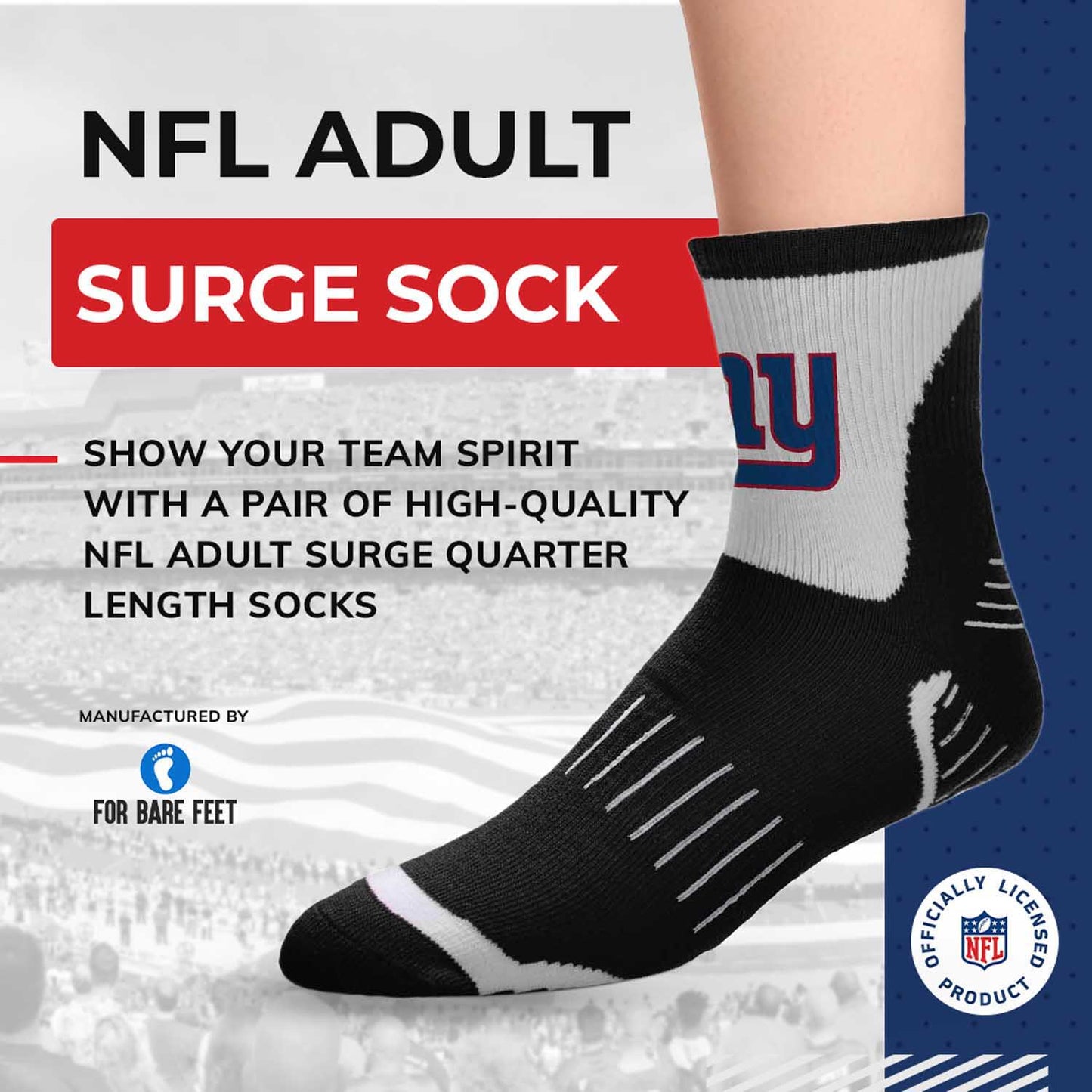 New York Giants NFL Performance Quarter Length Socks - Black