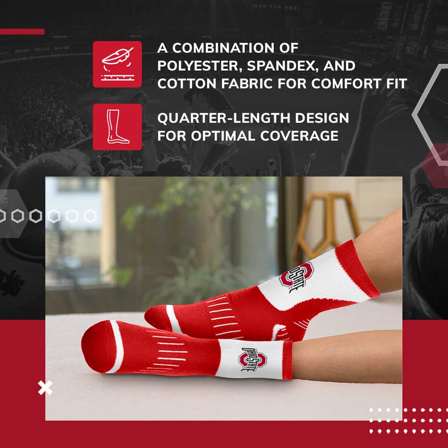 Ohio State Buckeyes Adult Surge Quarter Length Crew Socks for Men and Women - Red
