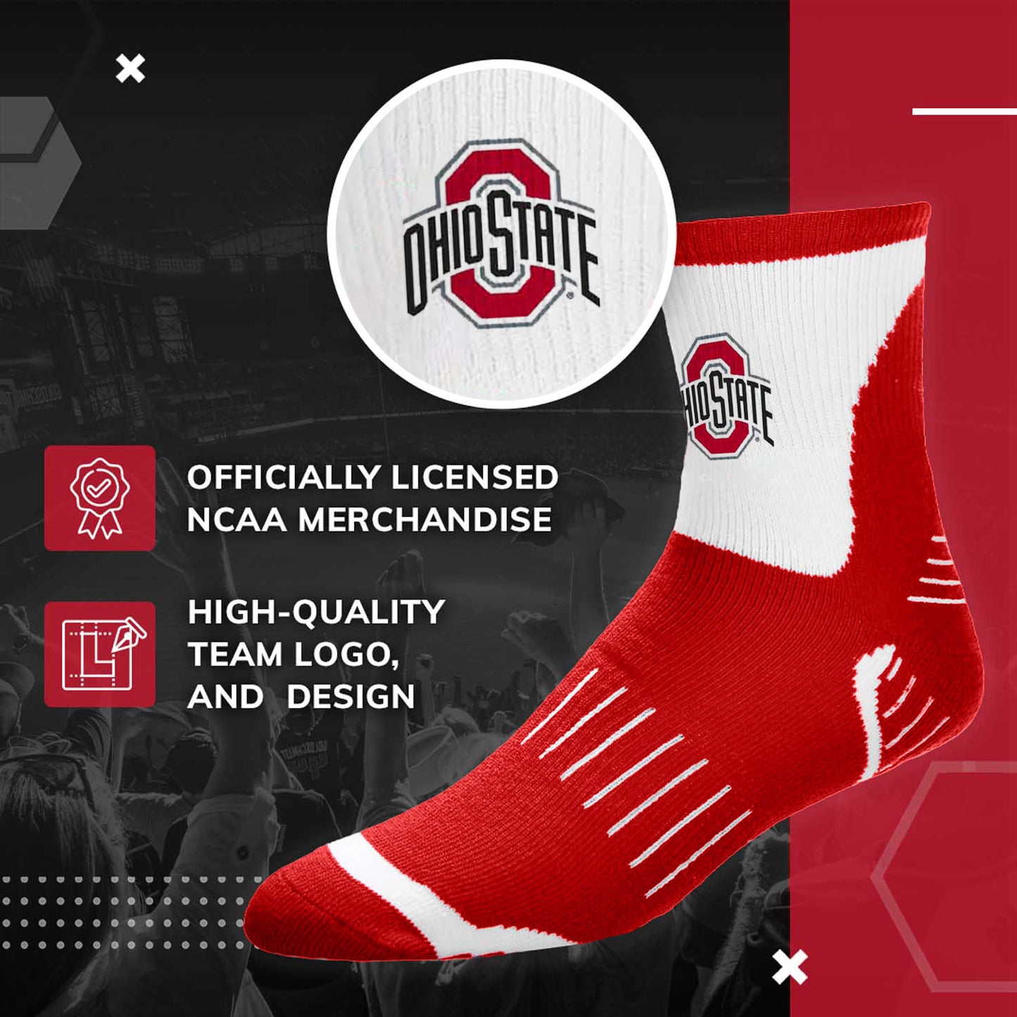 Ohio State Buckeyes Adult Surge Quarter Length Crew Socks for Men and Women - Red