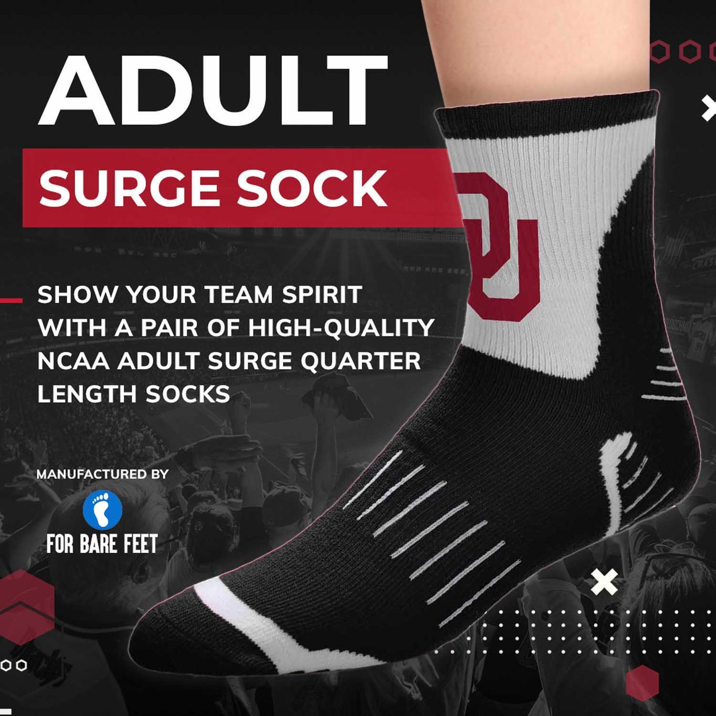 Oklahoma Sooners Adult NCAA Surge Quarter Length Crew Socks - Black