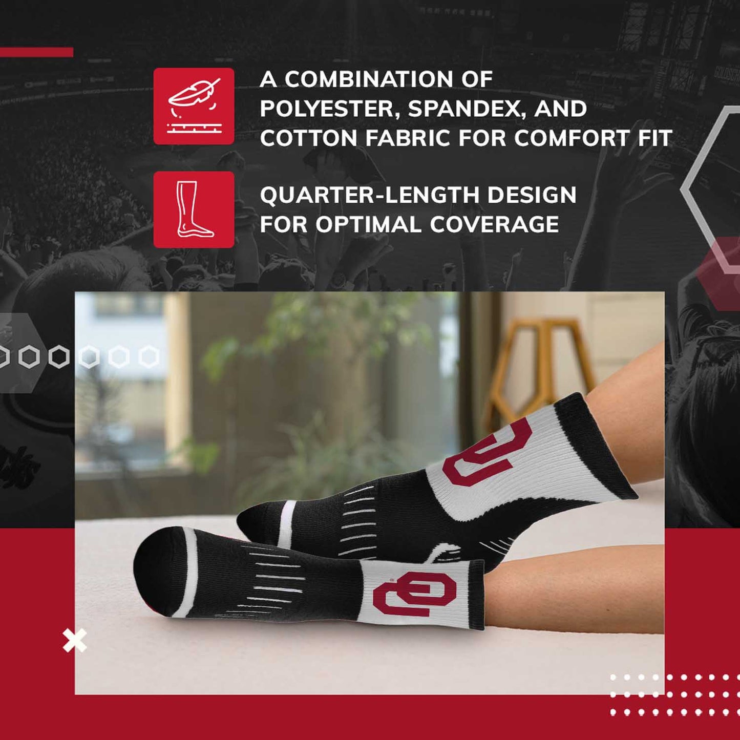 Oklahoma Sooners Adult NCAA Surge Quarter Length Crew Socks - Black